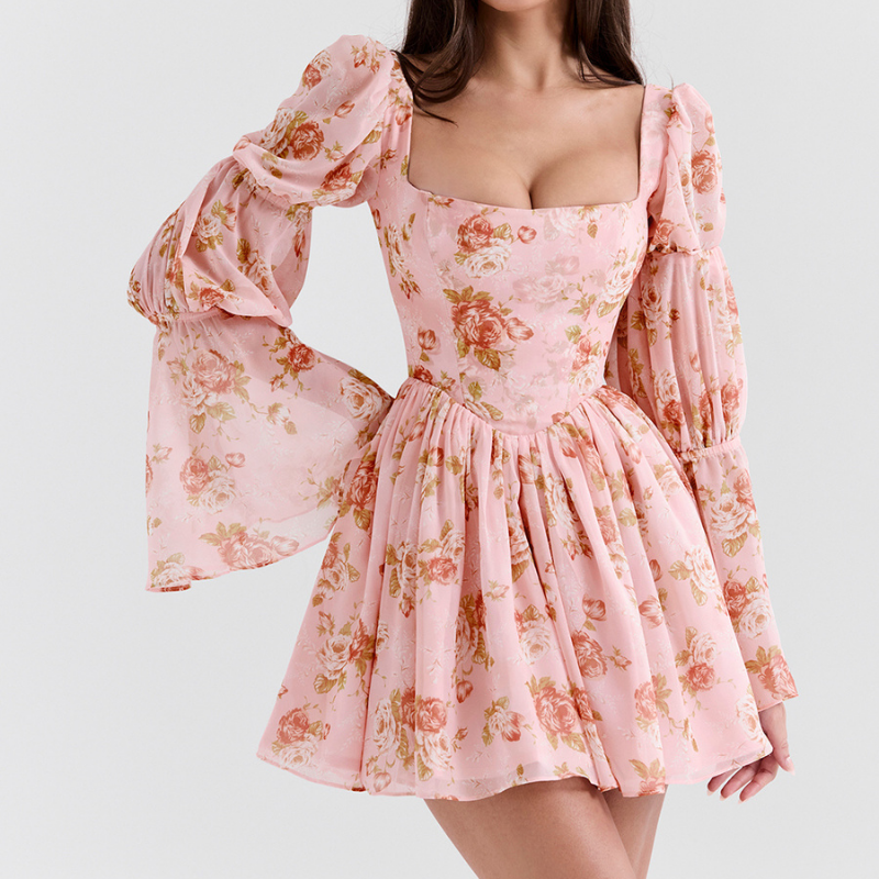 Divine Floral Kare Yaka Mini Elbise