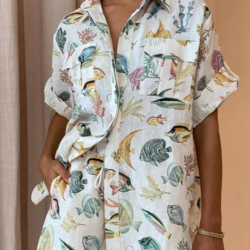 Kişiye Özel Balık Desenli Tatil Kısa Kollu Gömlek Batik Şort Takım
