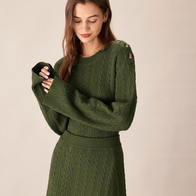 Yeşil Yuvarlak Yaka Bol Düğmeli Kazak