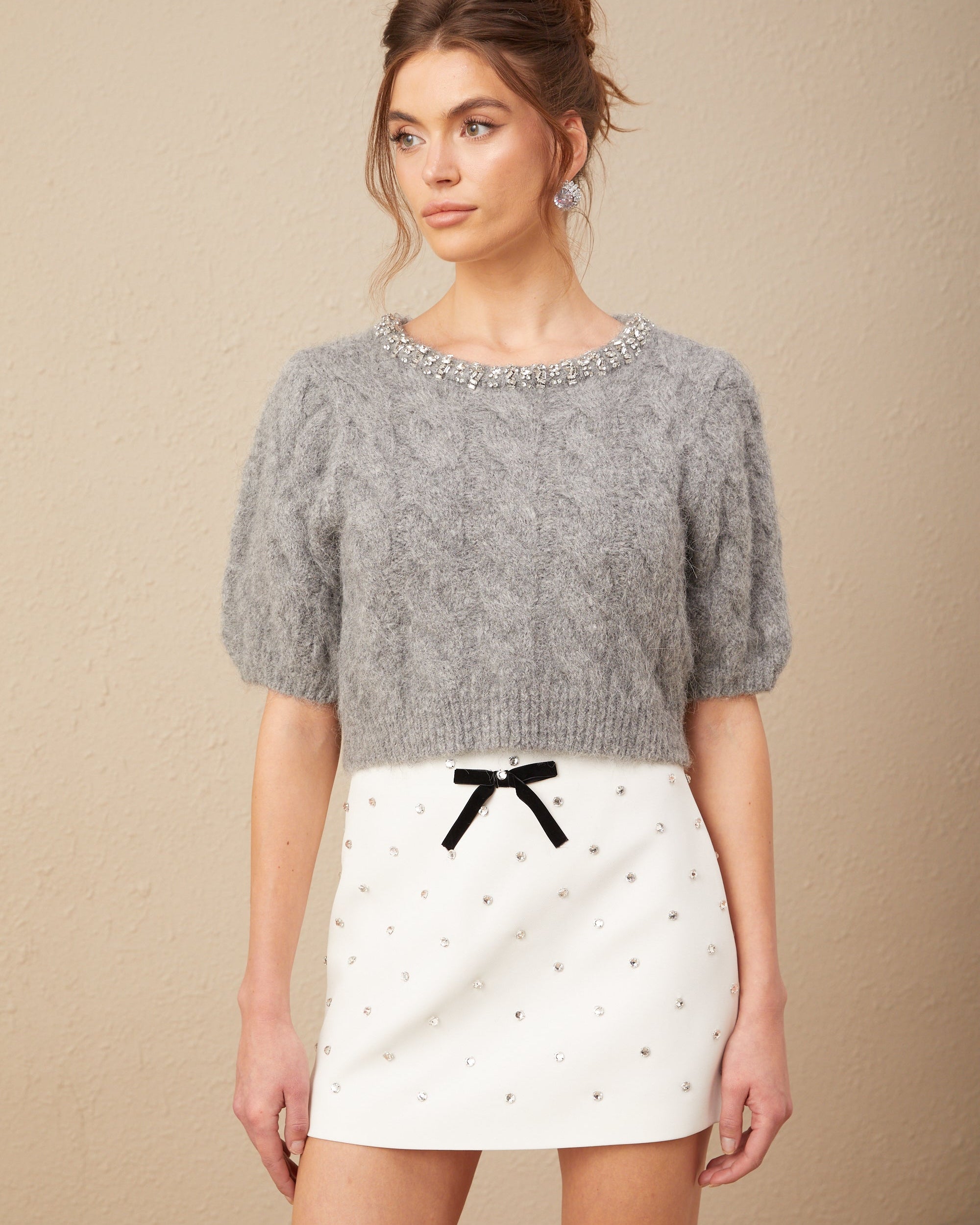 Ophélie Süslenmiş Kablo Örgülü Kısa Tiftik Kazak