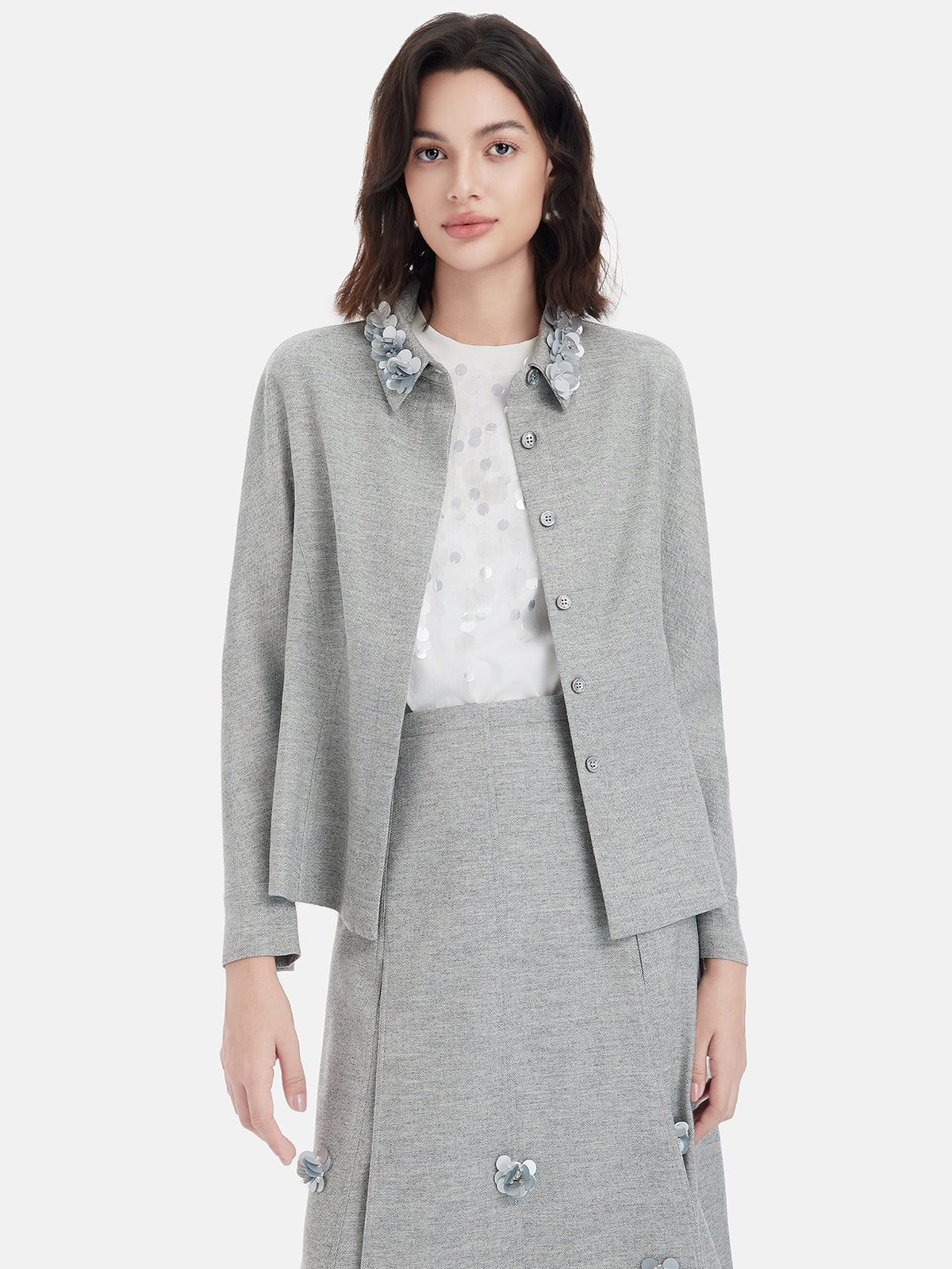 Çiçekli Boncuklu Yaka Ceket