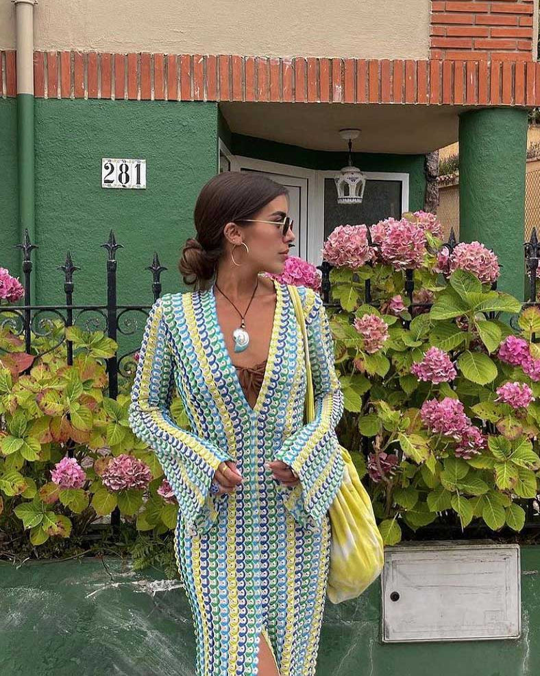 Boho V Yaka Çan Kol Dalgalı Çizgili Tığ İşi Plaj Tatili Maxi Elbise