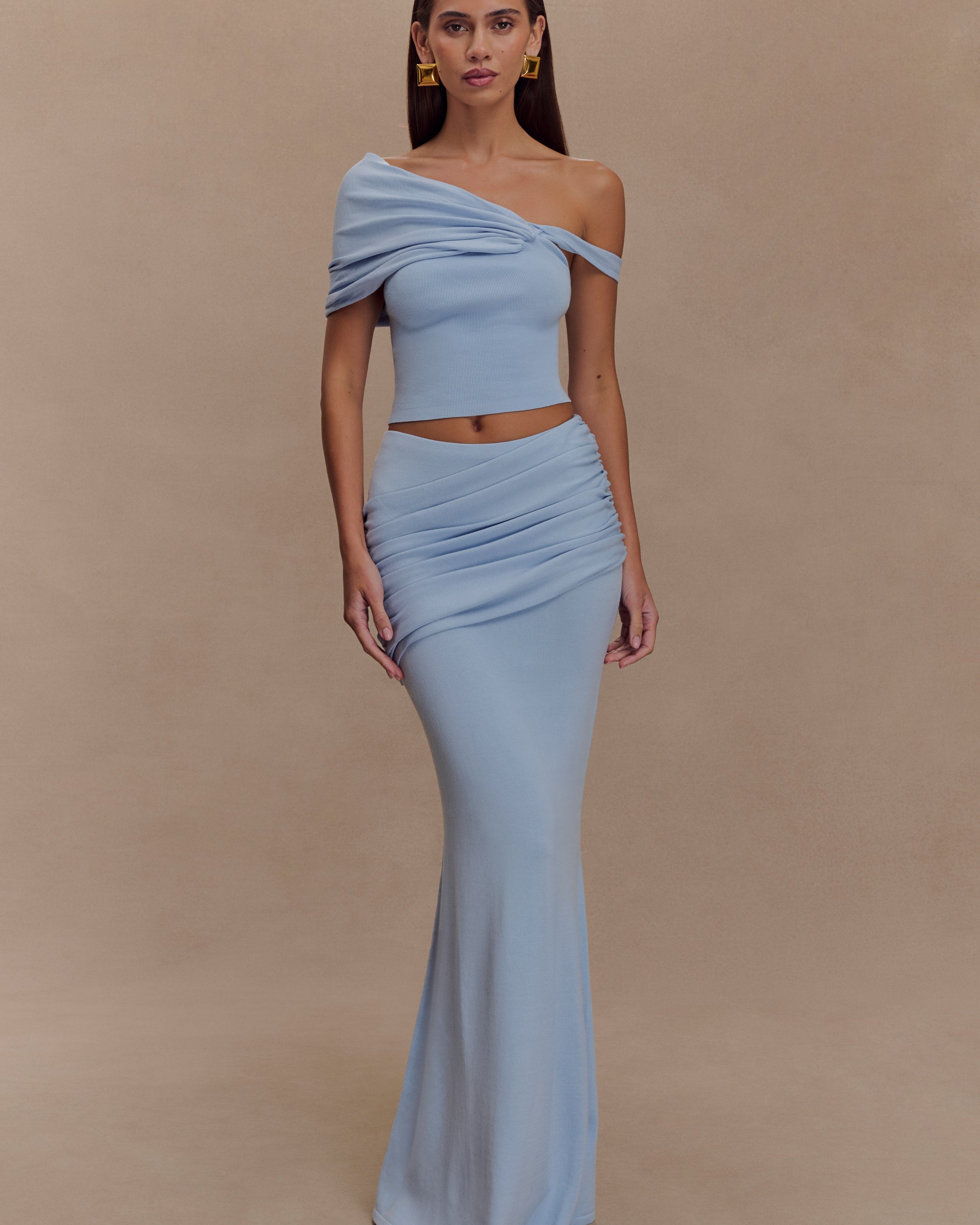 Skyline Drapeli Maxi Etek – Buz Mavi