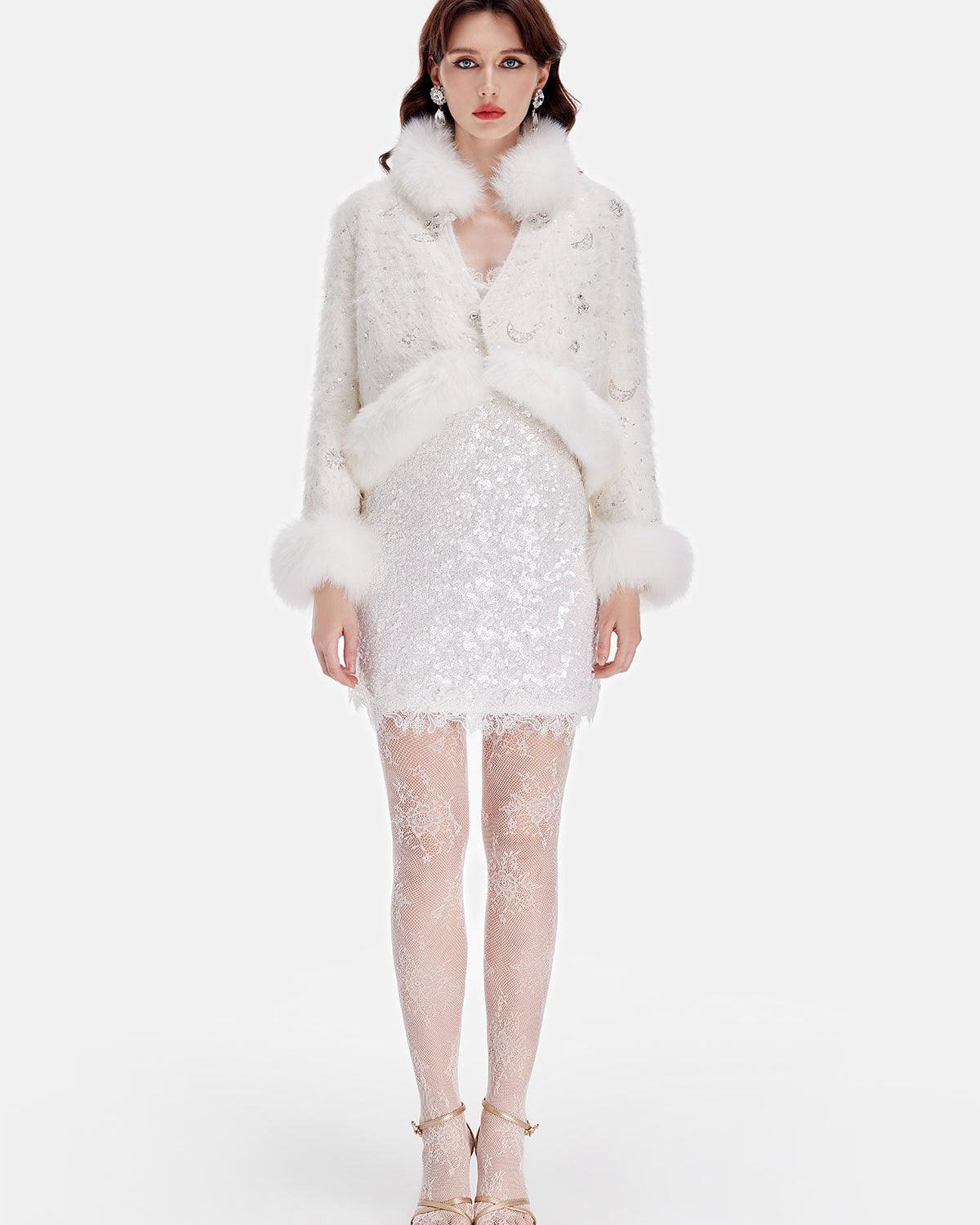Kristal İşlemeli Beyaz Kürk Ceket