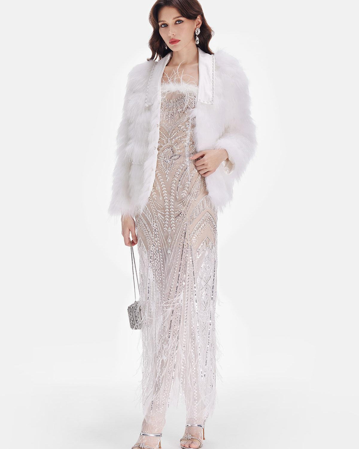 Beyaz Tüy Detaylı Işıltılı Ceket