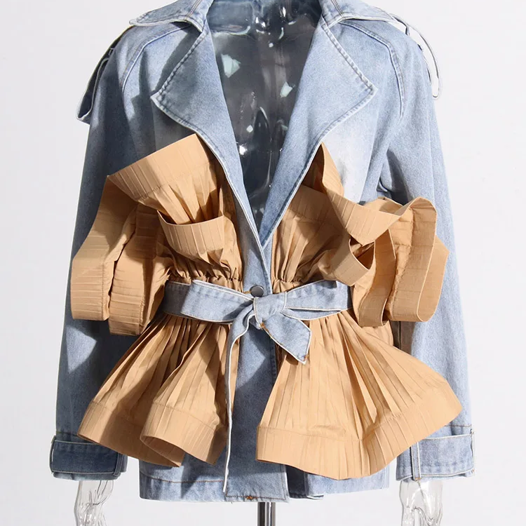 Pileli Volanlı Denim Uzun Kollu bağcıklı Ceket