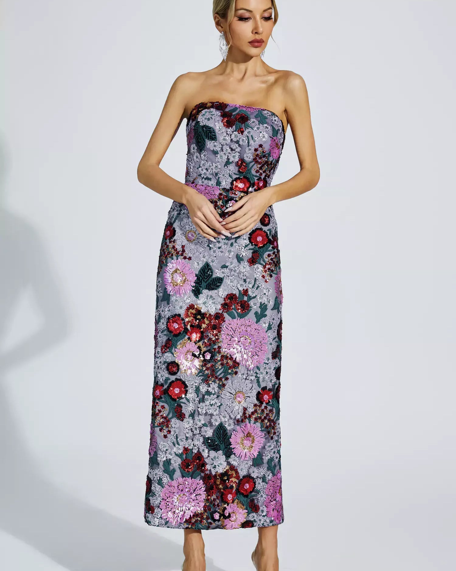 Amelie Mor Çiçek Süslemeli Uzun Elbise