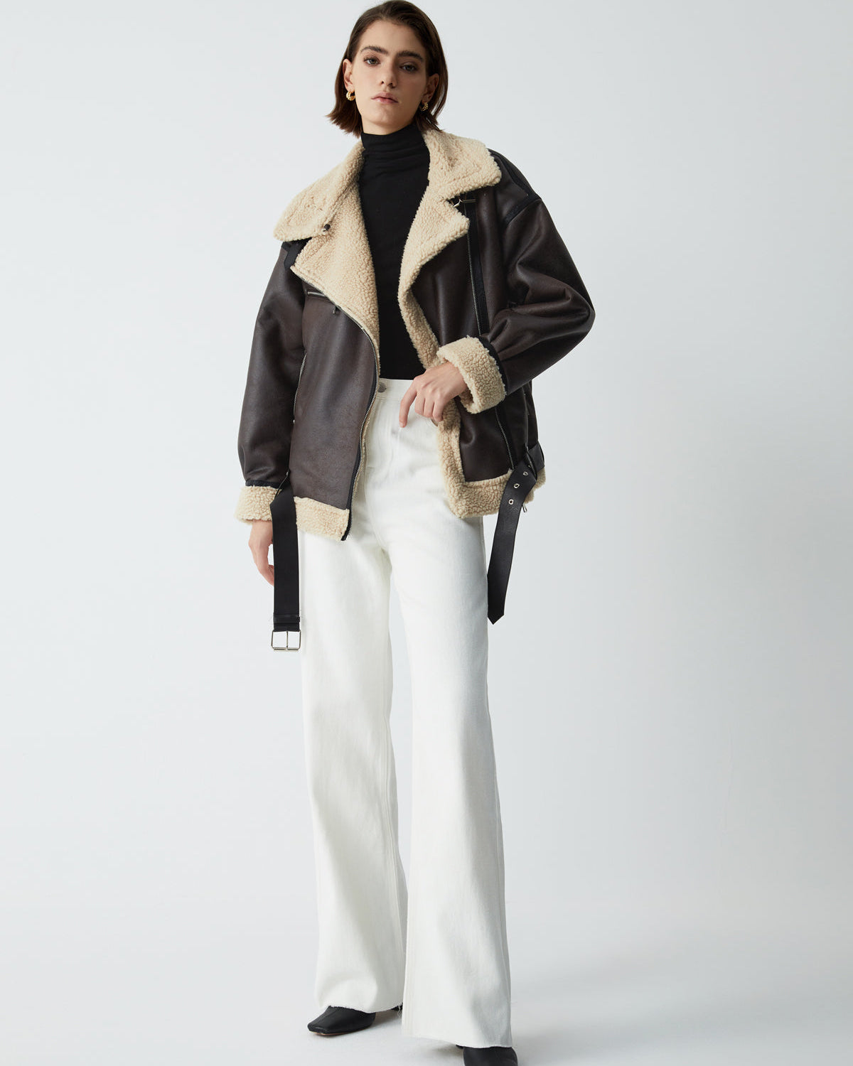 Klasik Sherpa Astarlı Shearling Deri Uçuş Ceketi