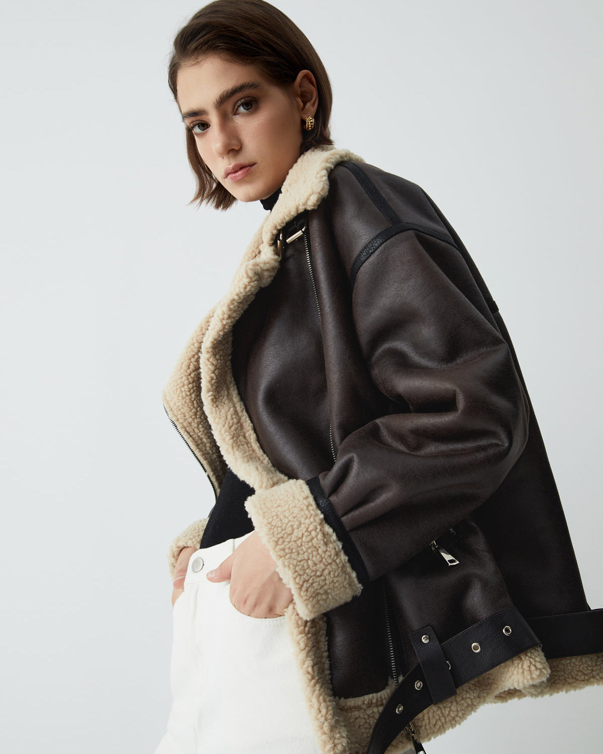 Klasik Sherpa Astarlı Shearling Deri Uçuş Ceketi