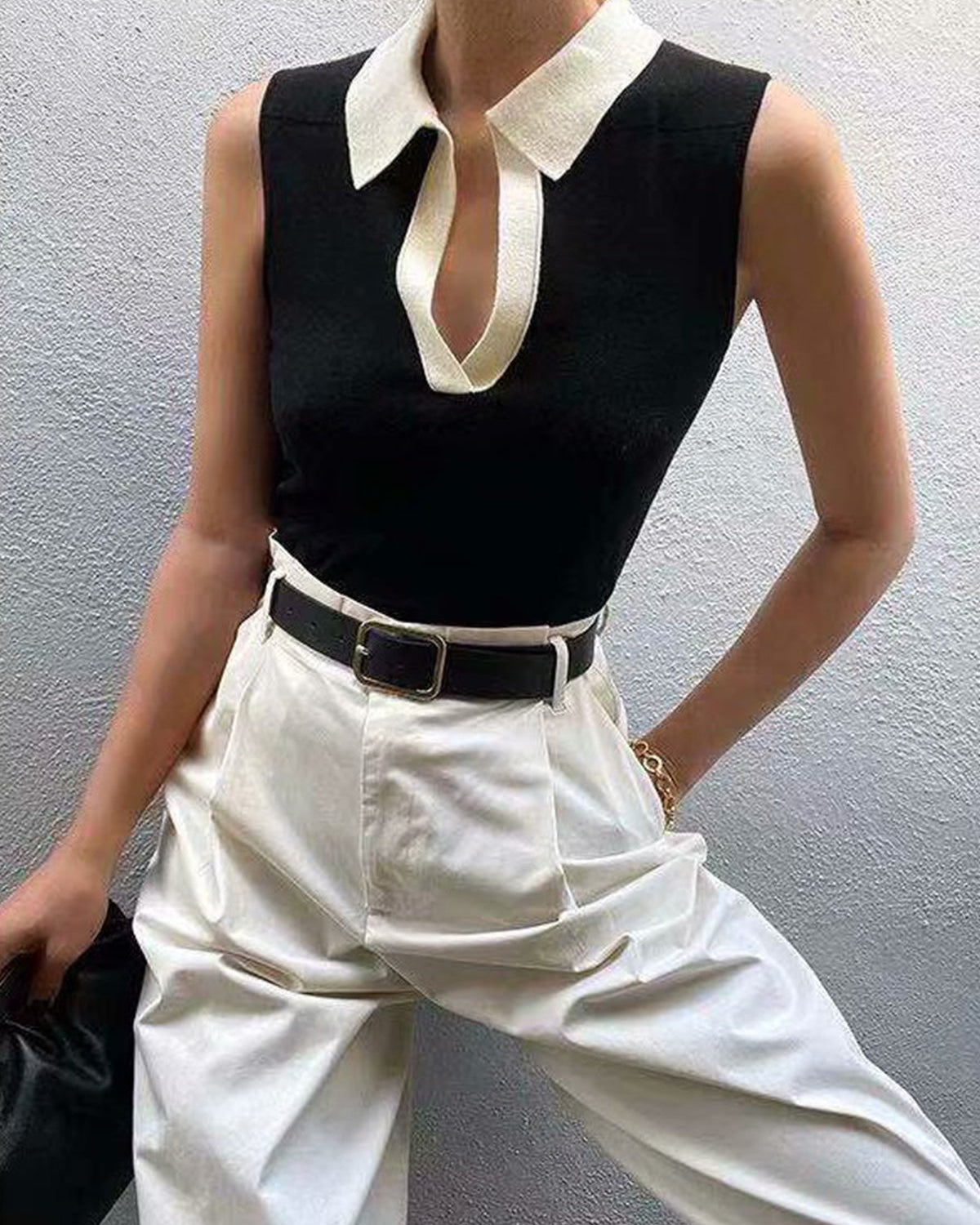 Kontrast Trim Yaka V Yaka Örme Kazak Yelek