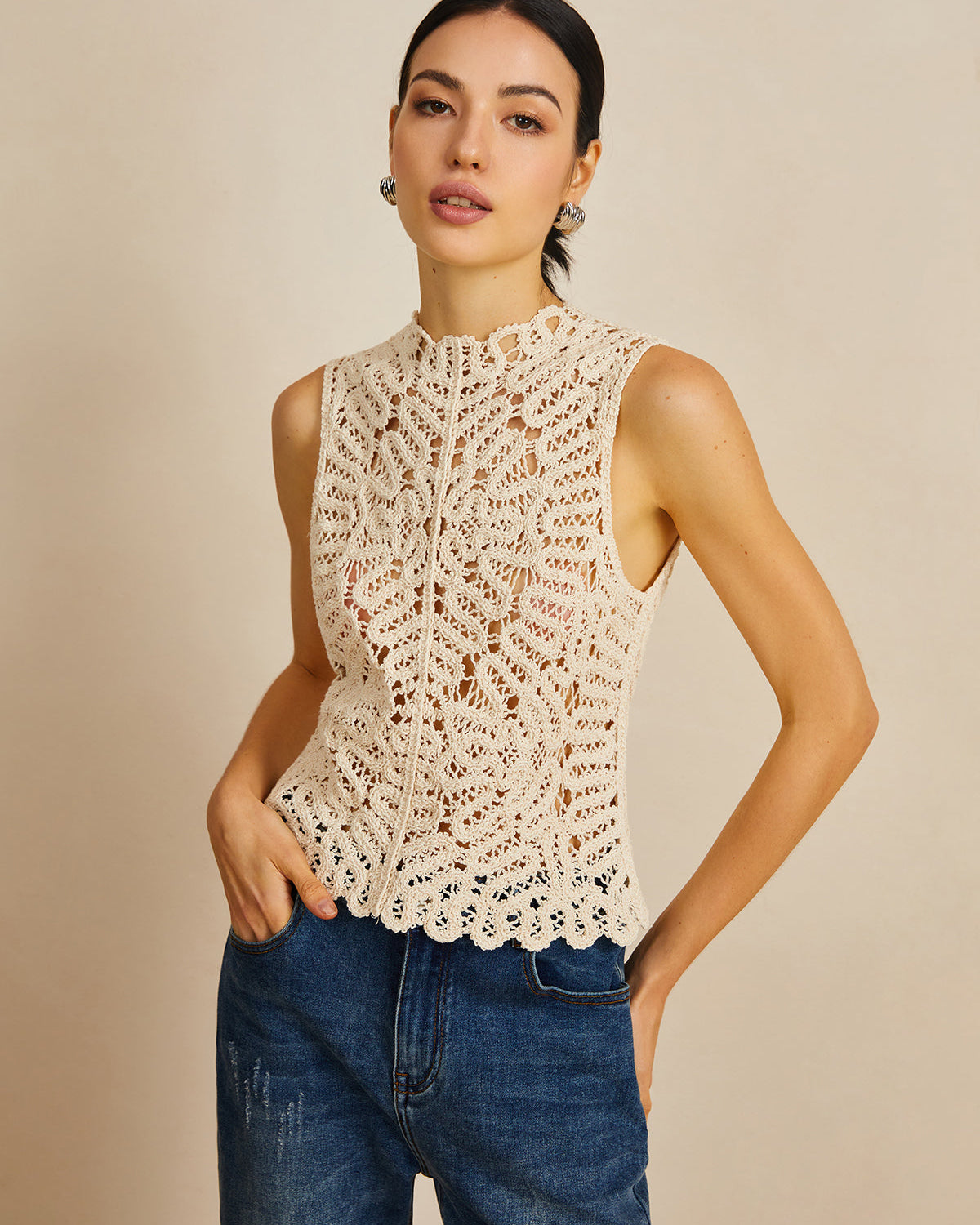 Çiçekli Tığ İşi Hollow Out Kazak Yelek