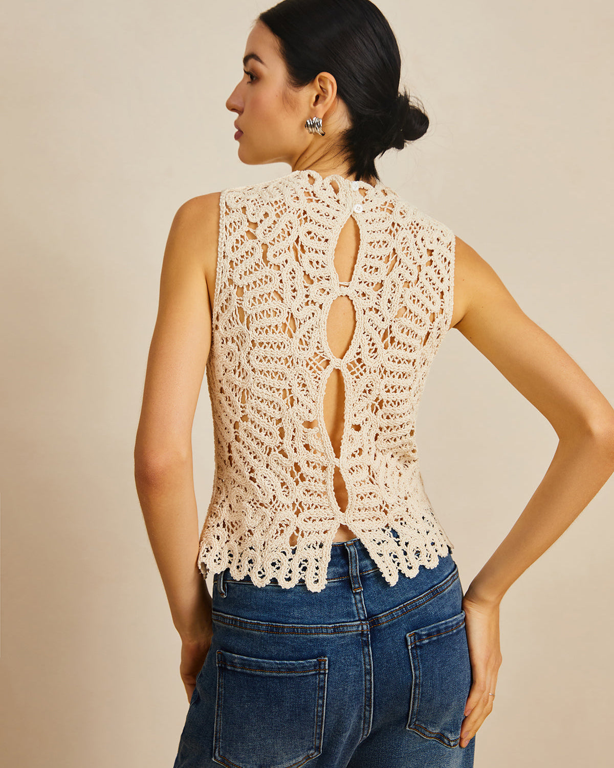 Çiçekli Tığ İşi Hollow Out Kazak Yelek