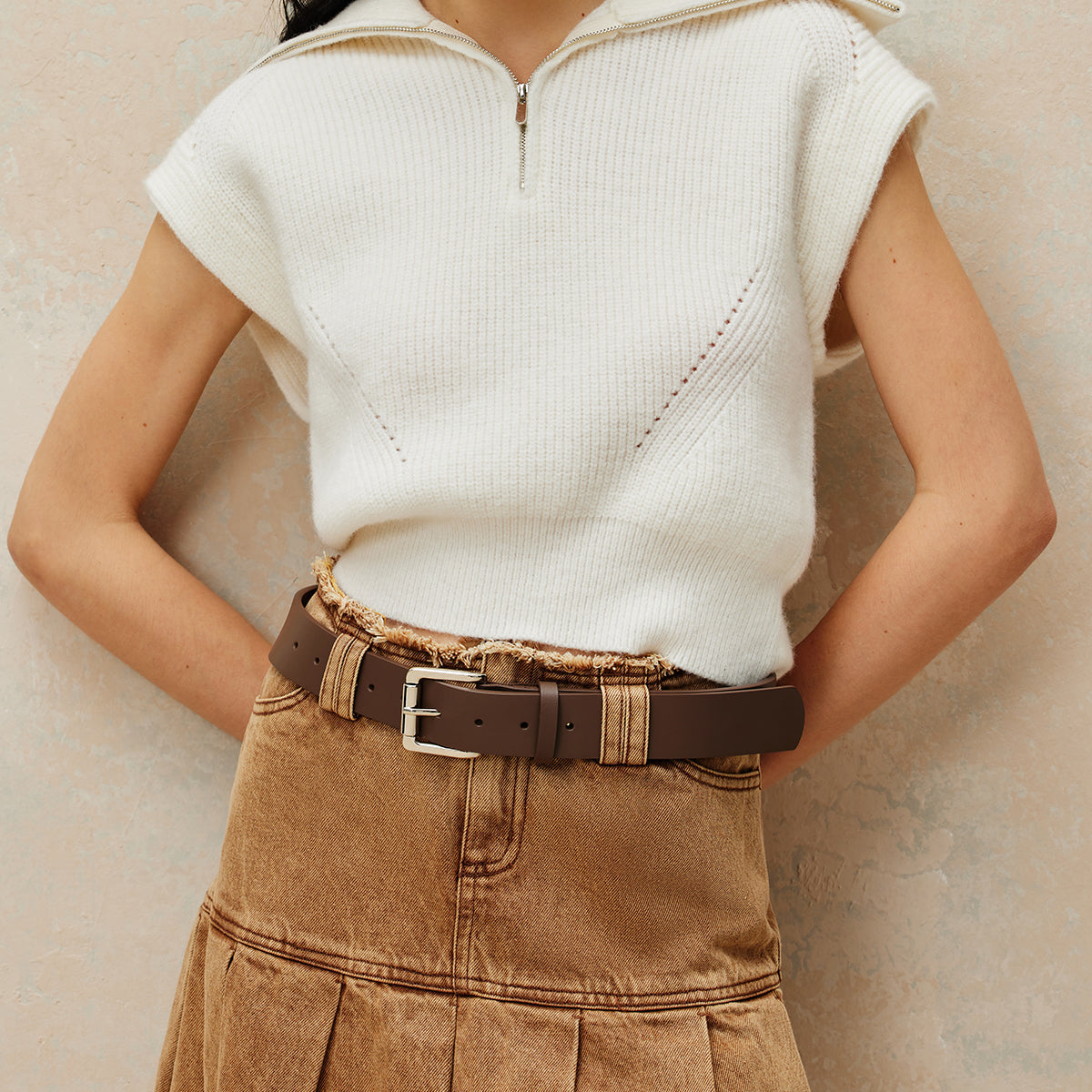 Kaburga Yaka Fermuarlı Kazak Yelek