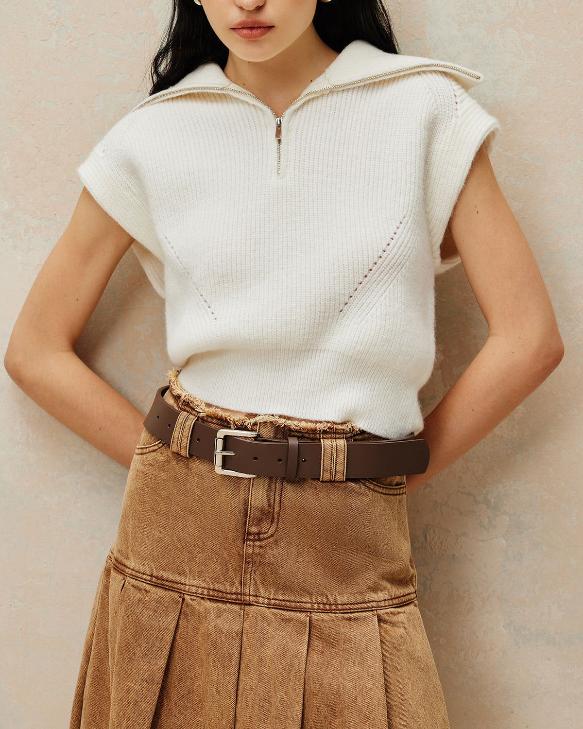 Kaburga Yaka Fermuarlı Kazak Yelek