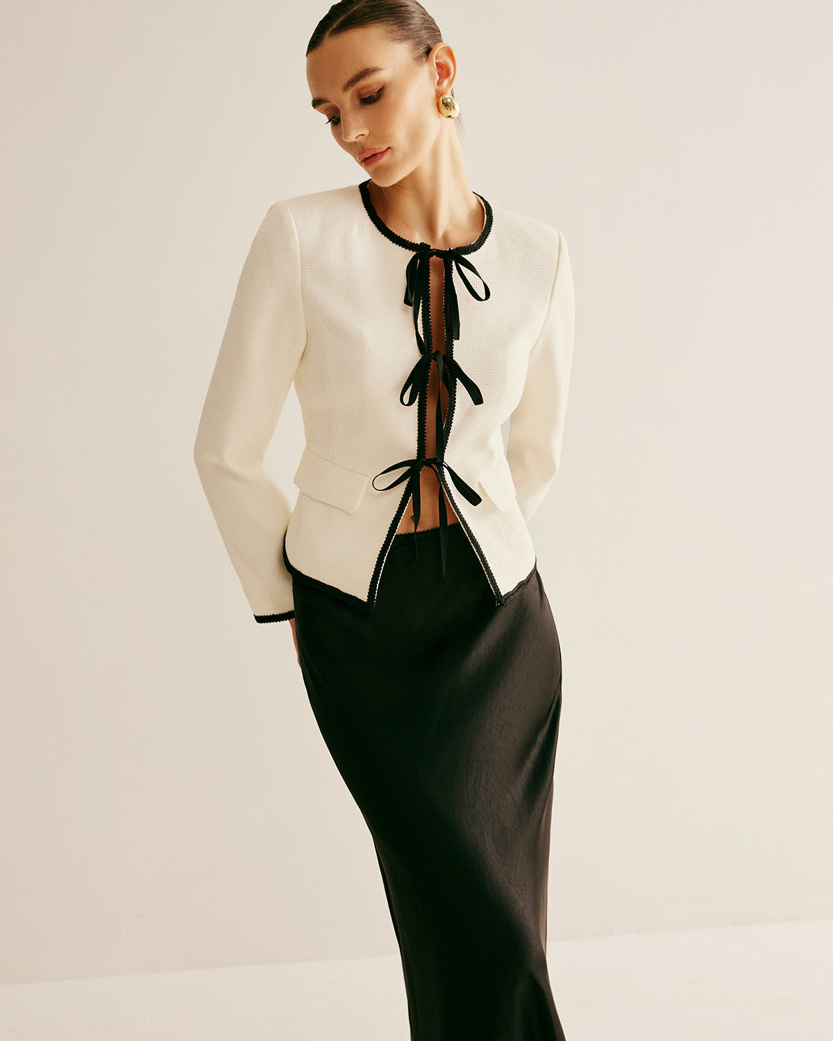 Kontrast Trim Ön Bağcıklı Ceket