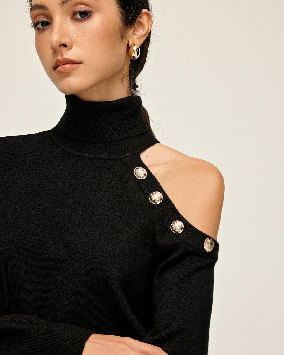 Balıkçı Yaka Asimetrik Tek Omuz Kazak