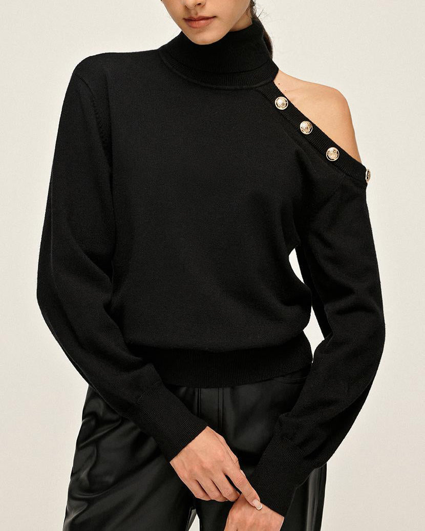 Balıkçı Yaka Asimetrik Tek Omuz Kazak