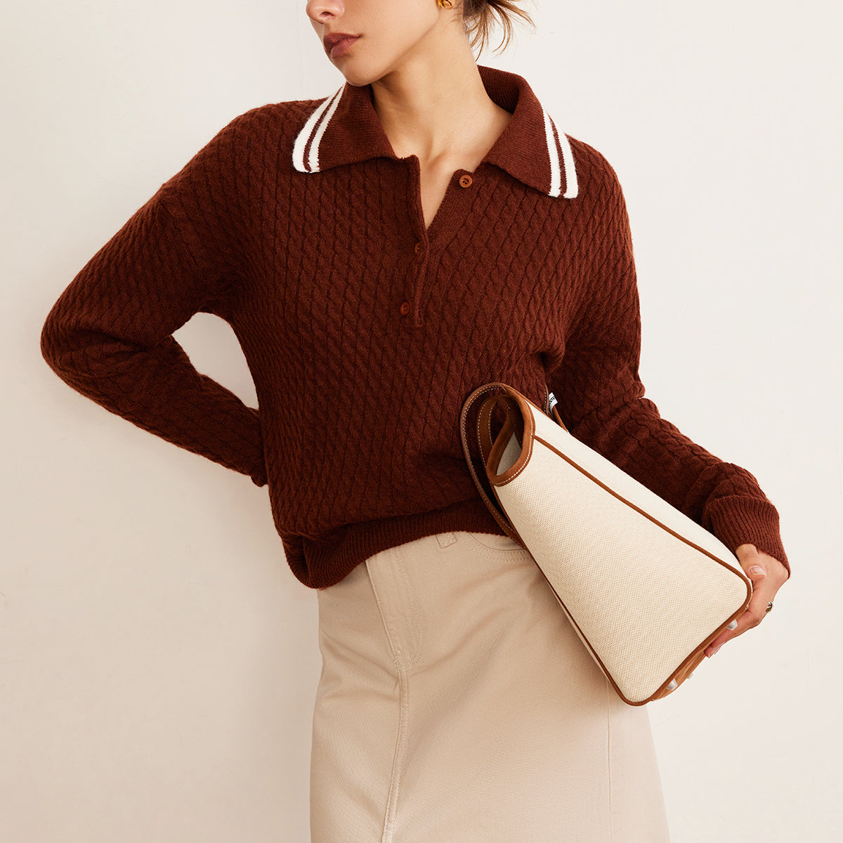 Kablo Örgü Düğmeli Polo Kazak