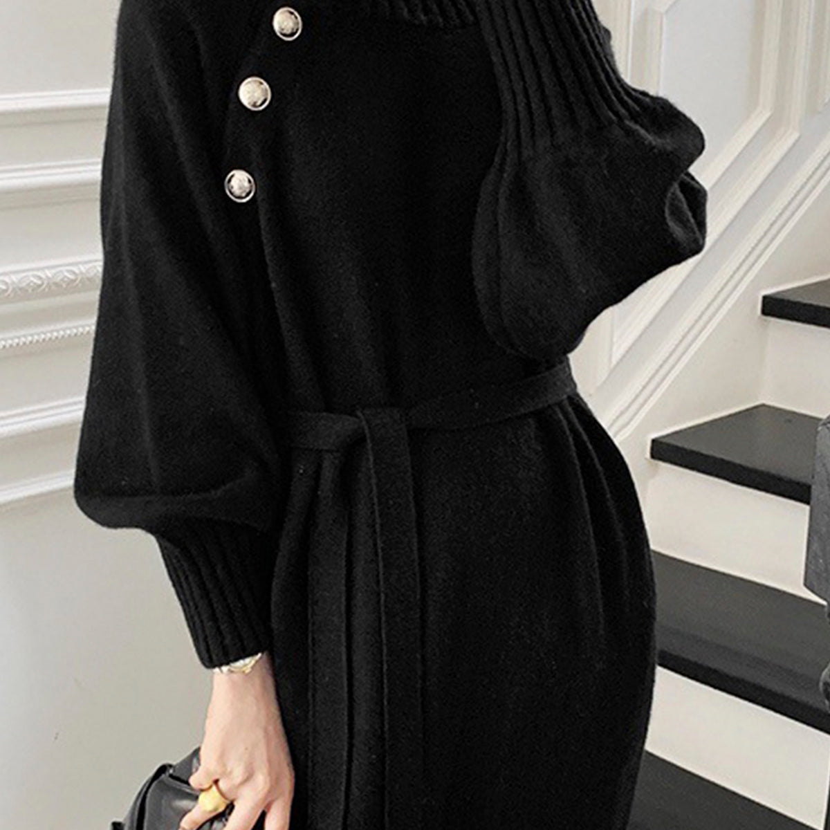 Balıkçı Yaka Düğmeli Kemerli Kazak Elbise