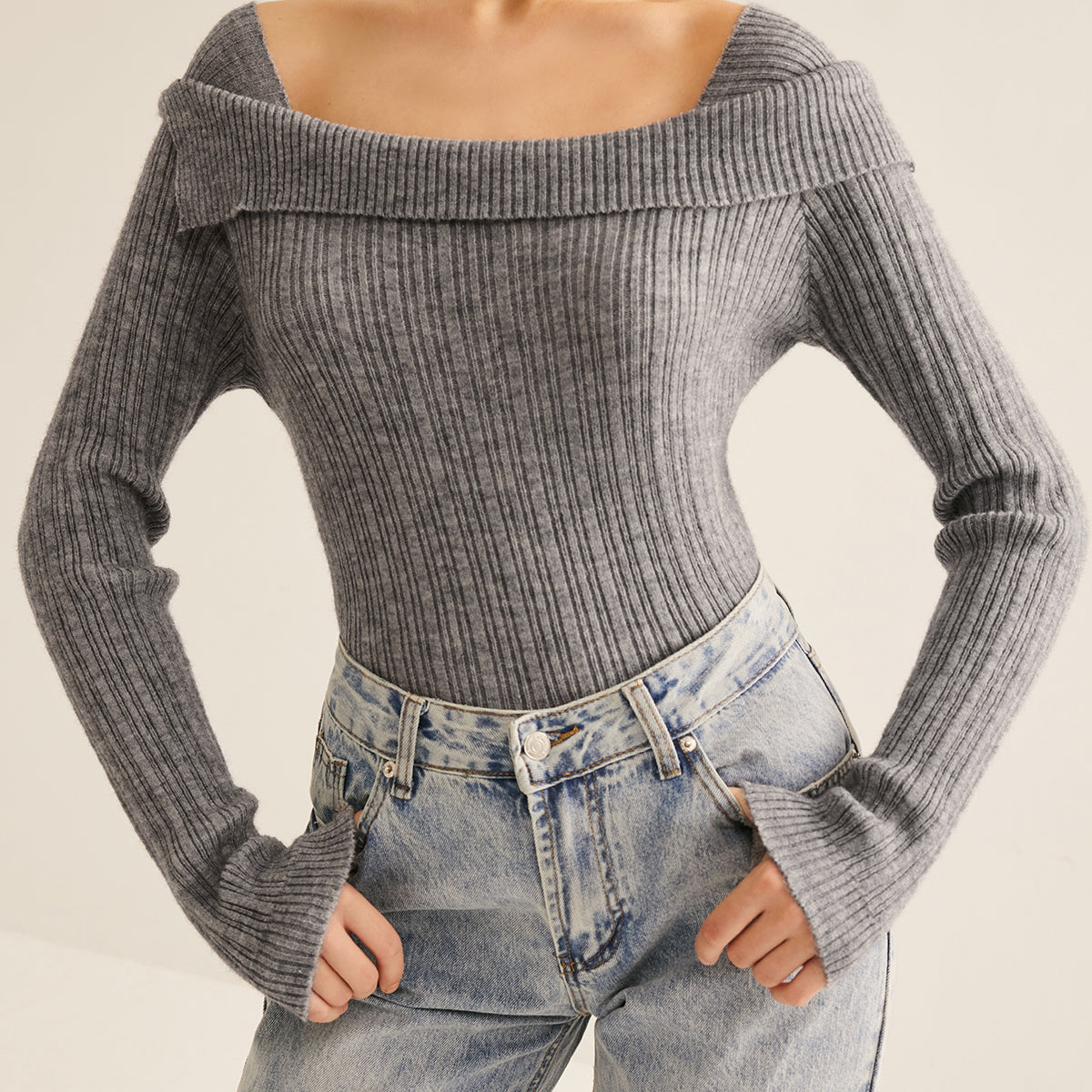 Soğuk Omuzlu Yivli İnce Kazak