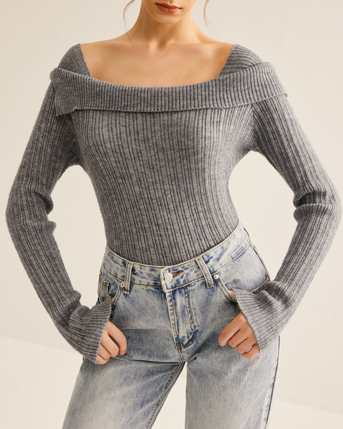 Soğuk Omuzlu Yivli İnce Kazak