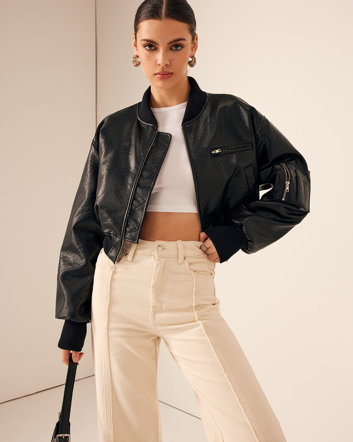 Fermuarlı Cepli Pu Deri Kısa Ceket
