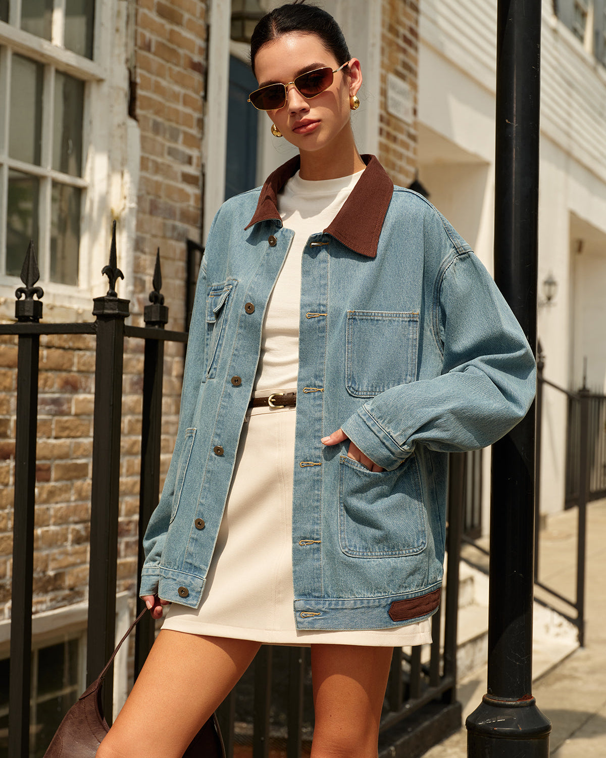 Kontrast Yaka Çok Yönlü Kot Ceket