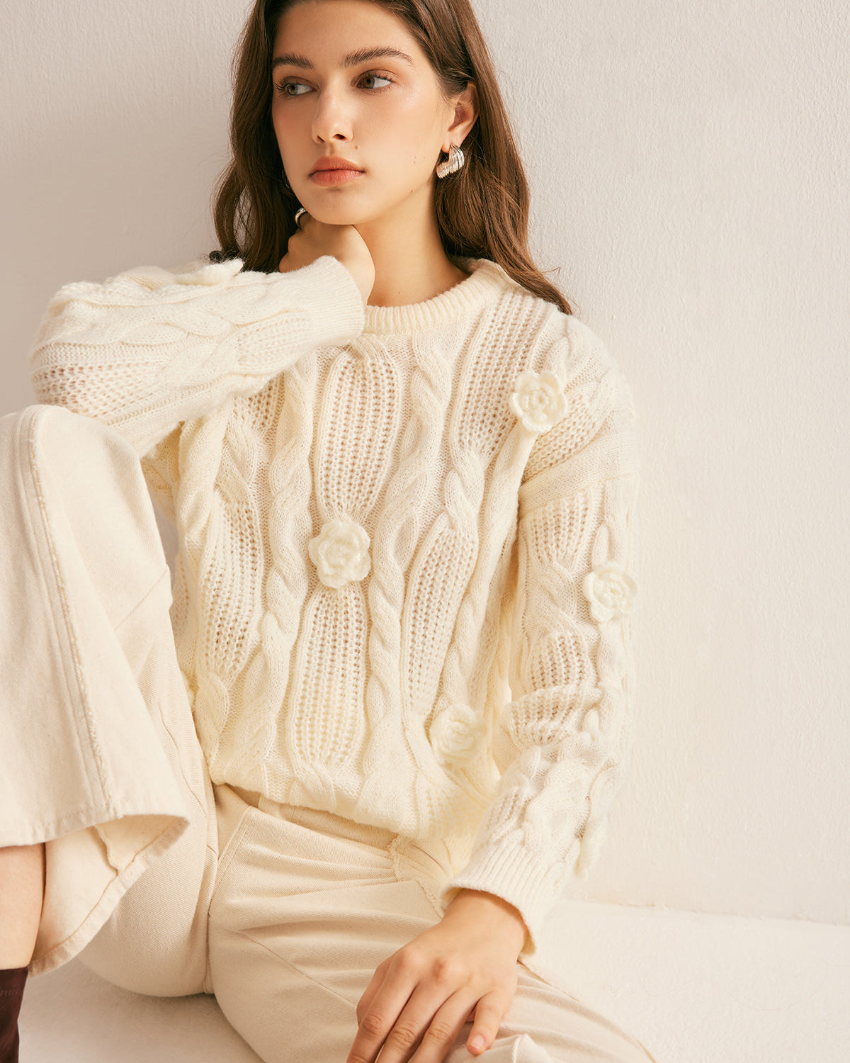 3D Çiçekli Kablo Örgü Kazak