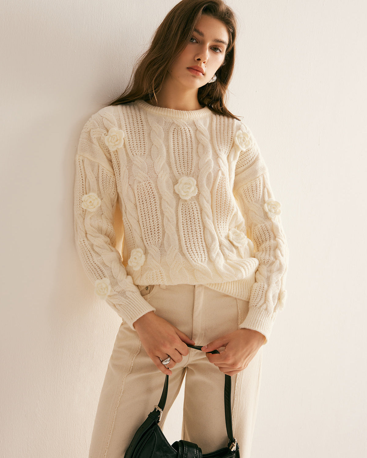 3D Çiçekli Kablo Örgü Kazak