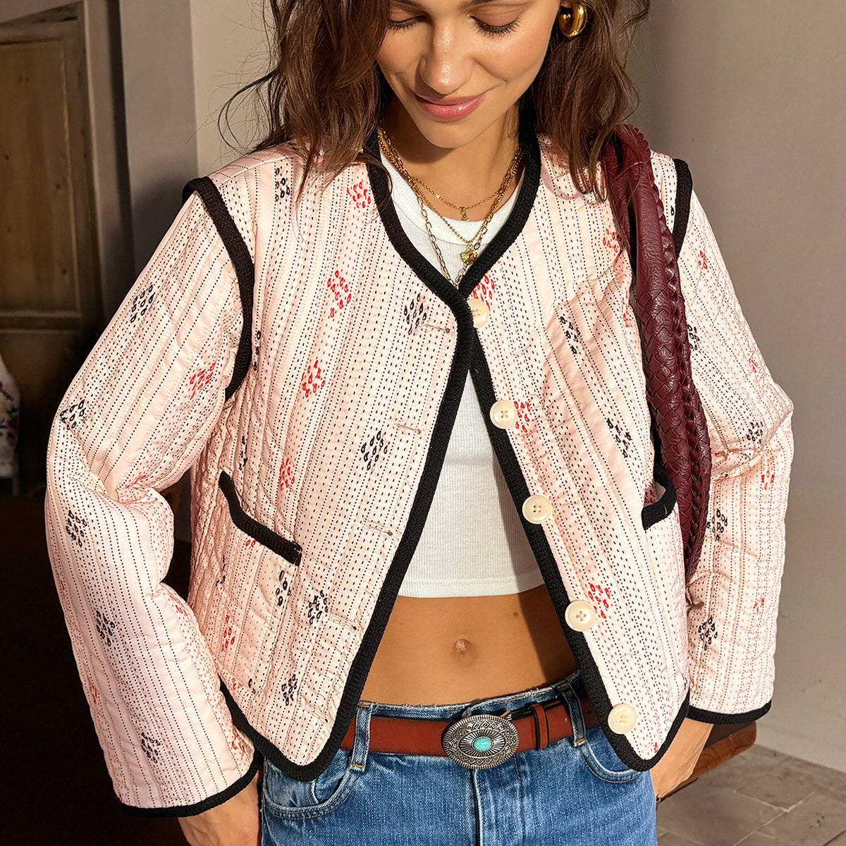 Boheme Kontrast Kenarlı Kısa Ceket