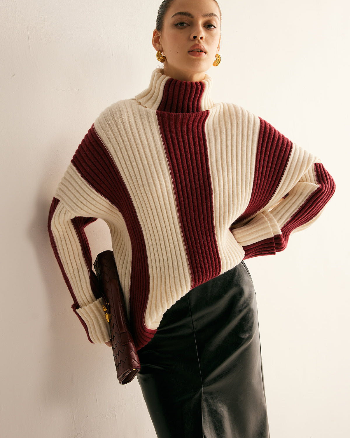 Kaburgalı Renk Bloklu Balıkçı Yaka Kazak