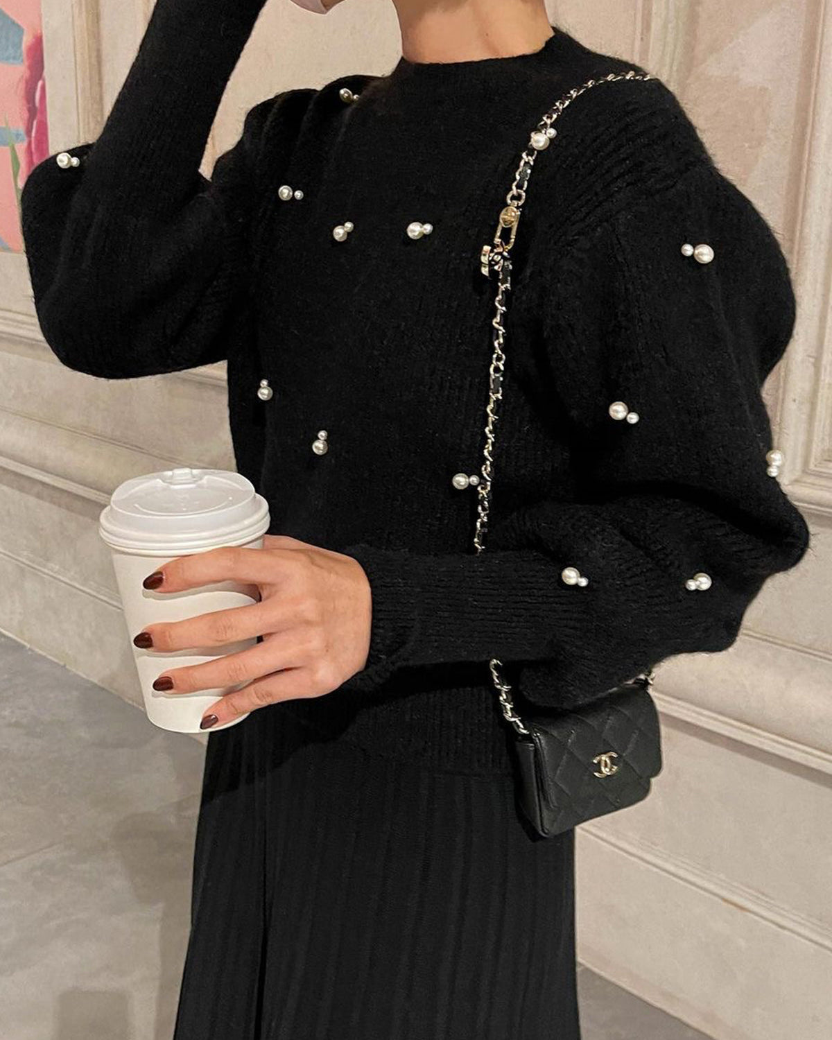 İnci Boncuklu Büzgülü Kazak