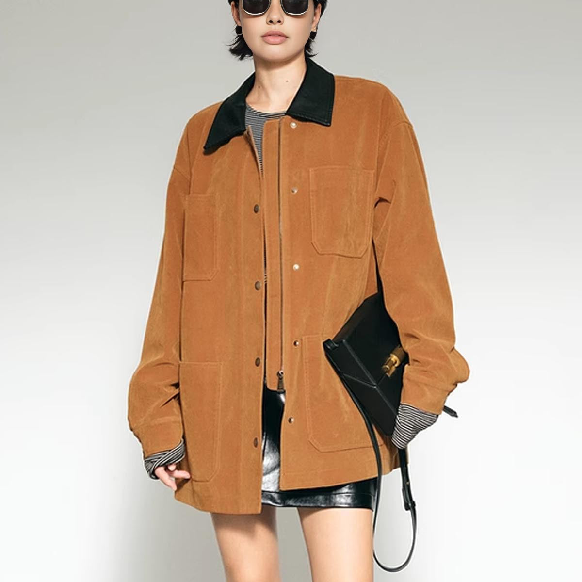 Kontrast Yaka Büyük Boy Süet Ceket