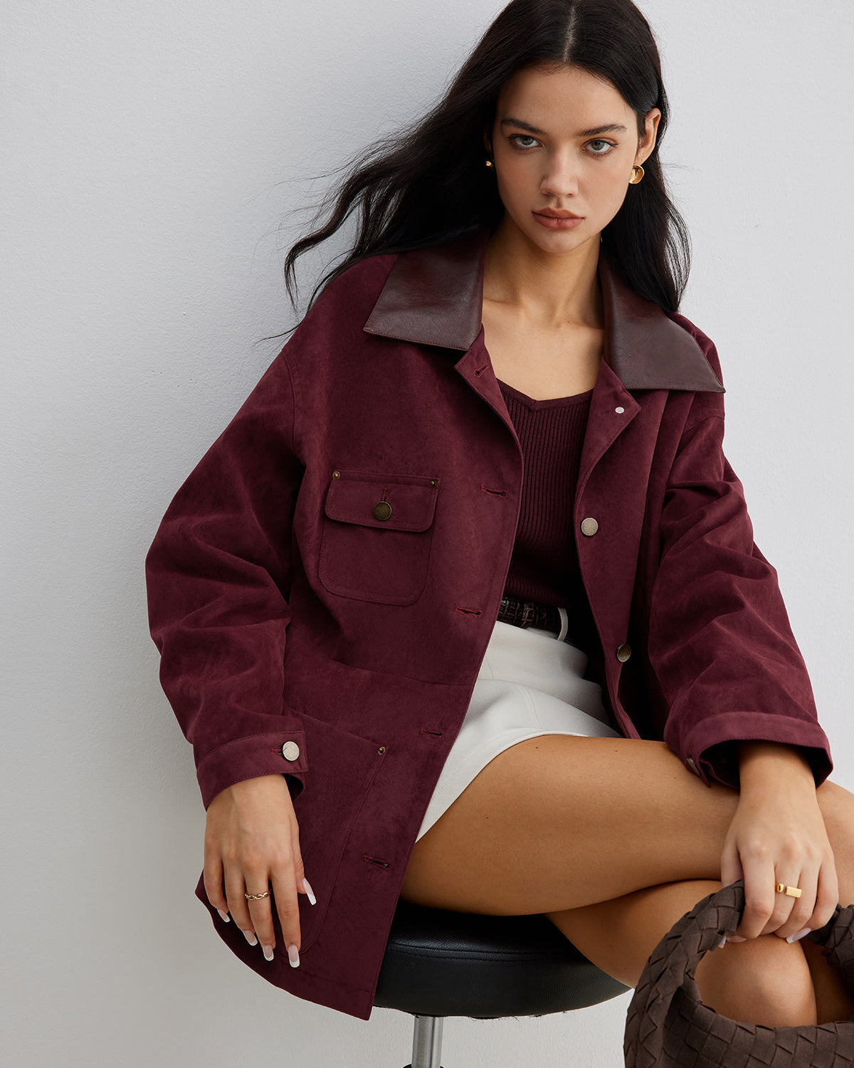 Süet Kontrast Yaka Cepli Ceket