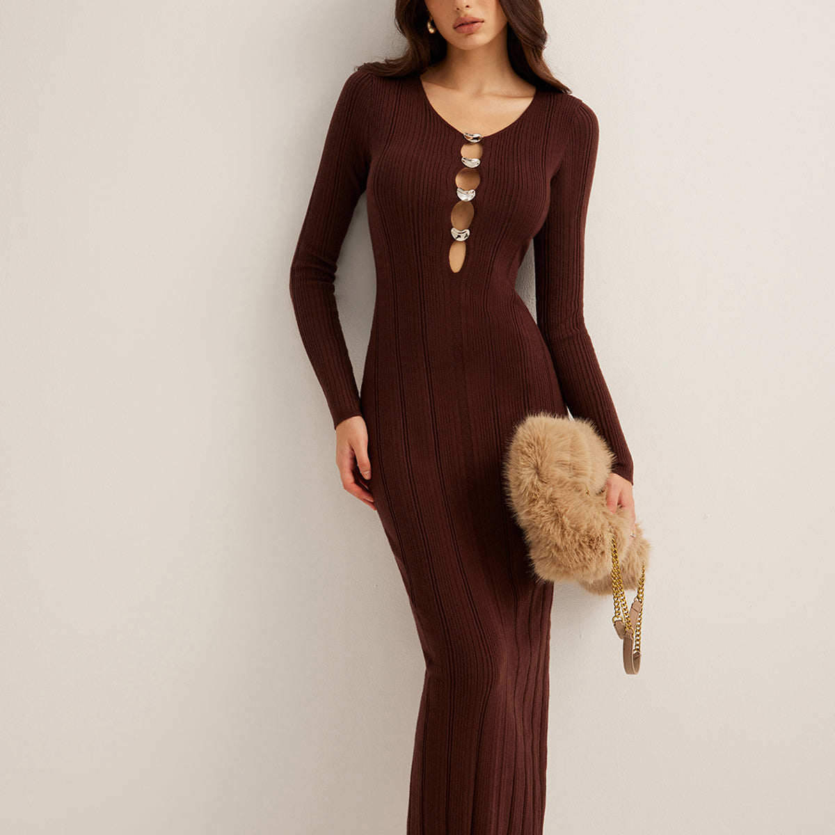 Kesik İnce Kazak Uzun Elbise