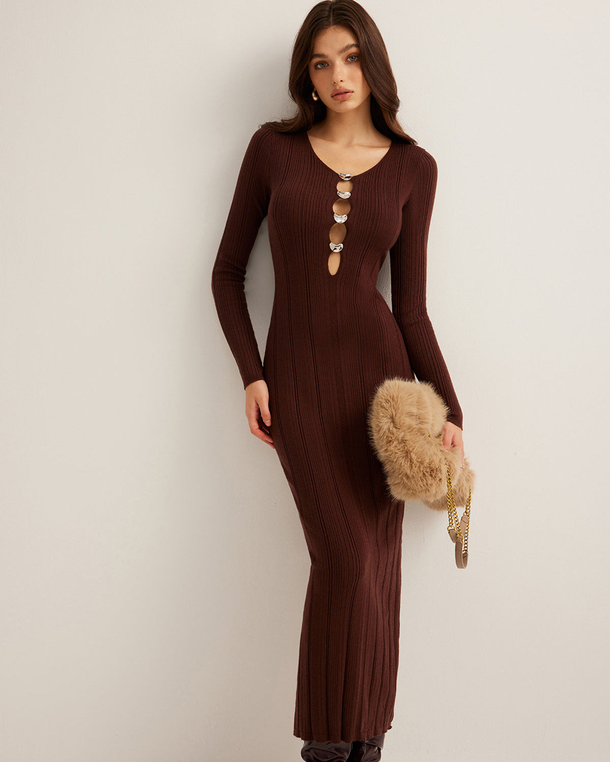 Kesik İnce Kazak Uzun Elbise