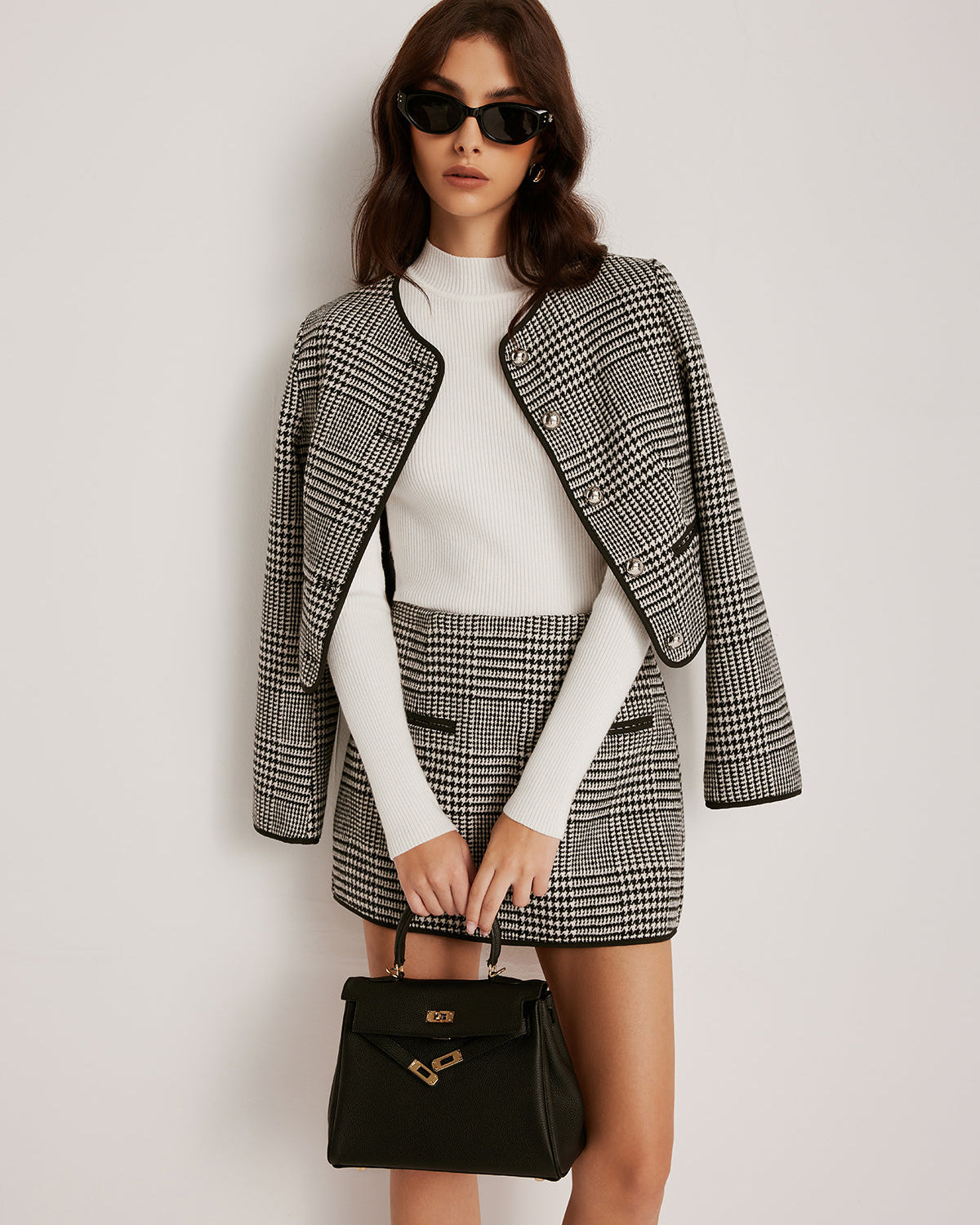 Kontrast Kesim Ekose Düğmeli Ceket