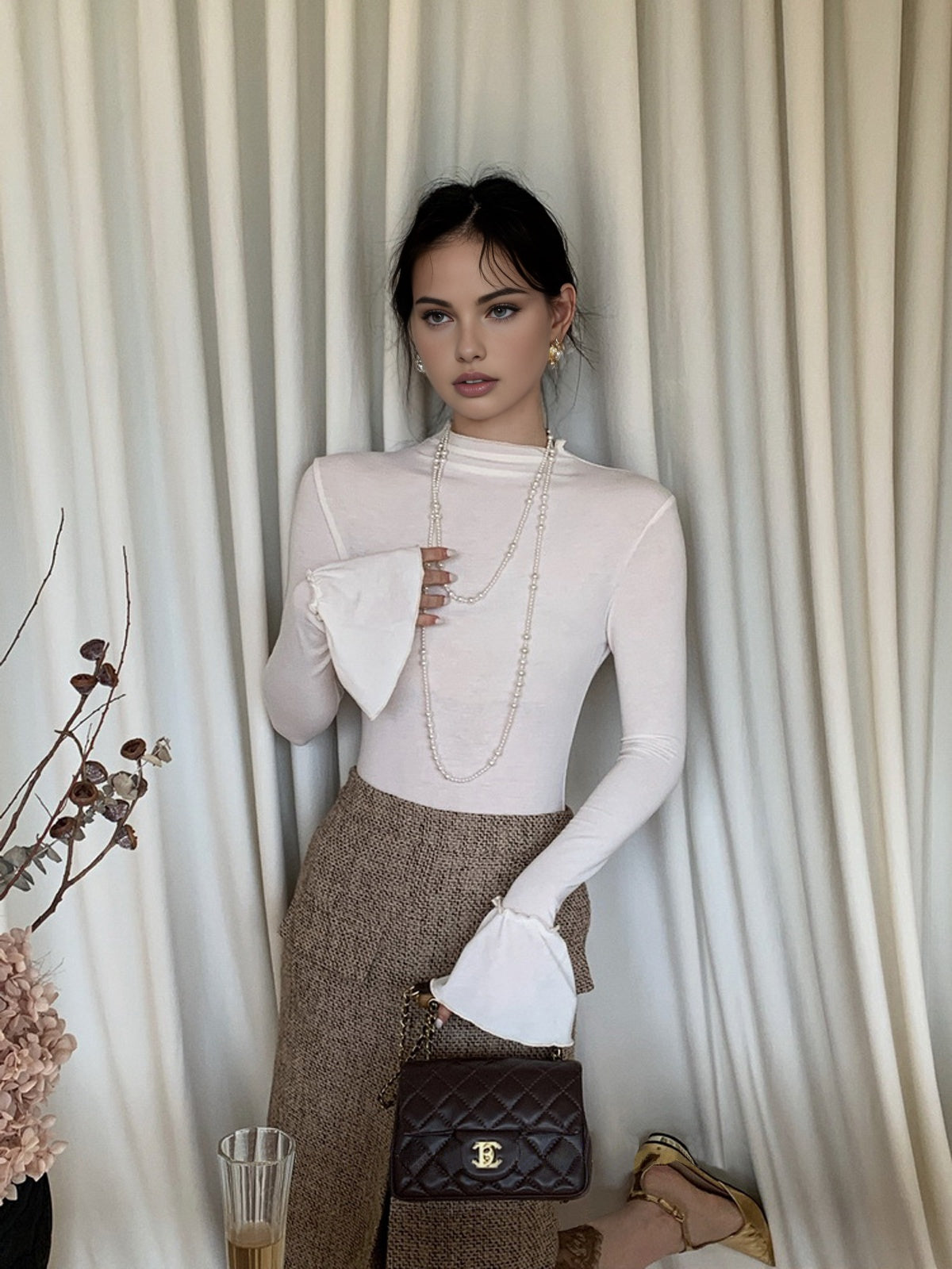 Düz Fırfır Manşetli Jarse Bluz