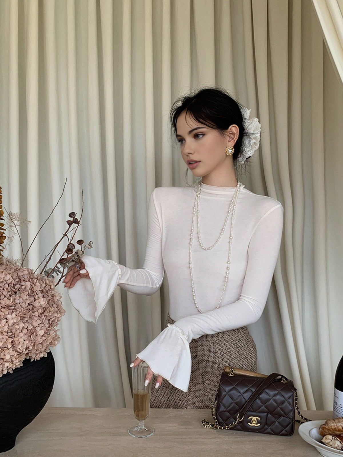 Düz Fırfır Manşetli Jarse Bluz