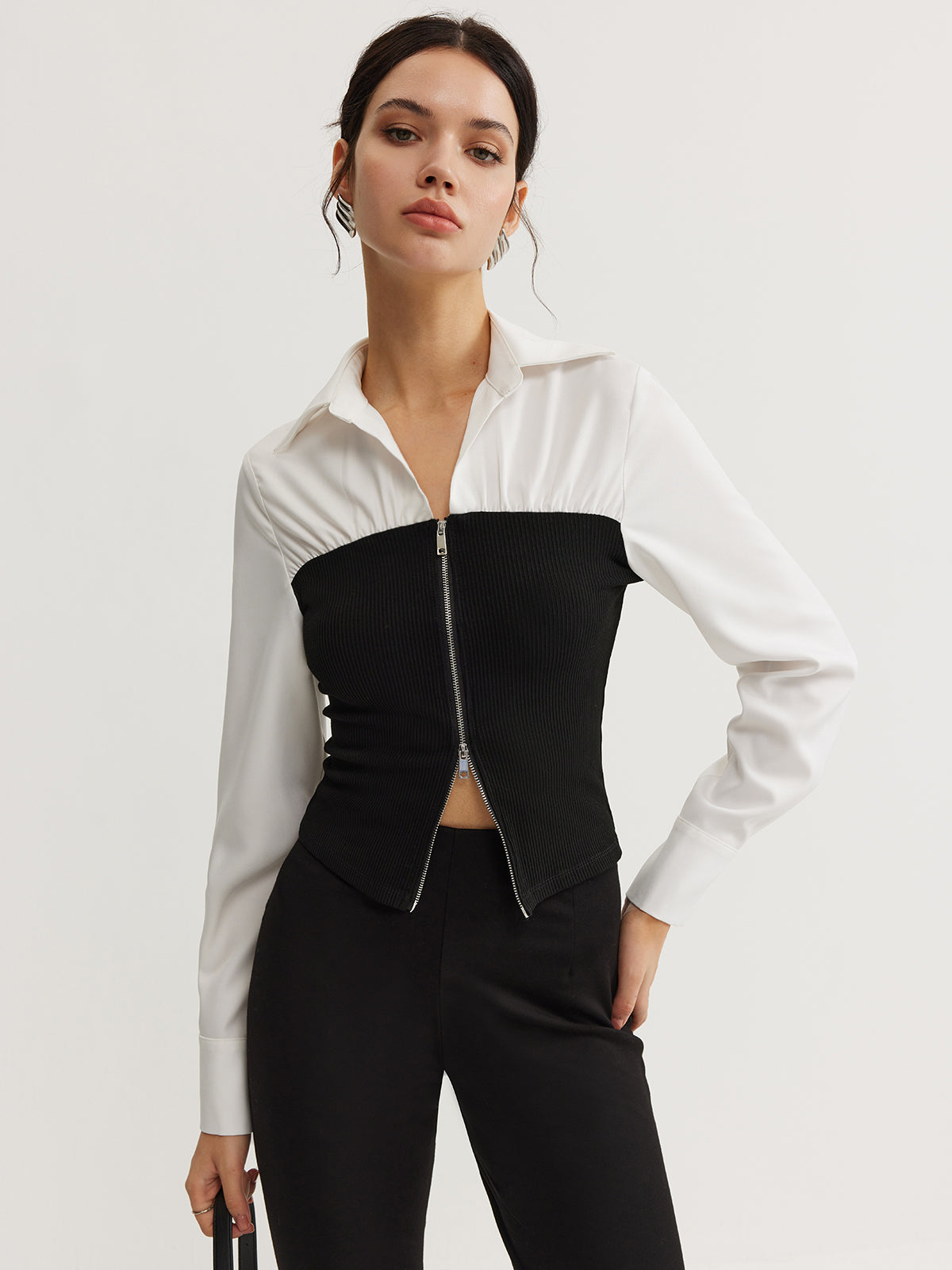 Çift Fermuarlı Renk Bloklu Polo Yaka Tişört