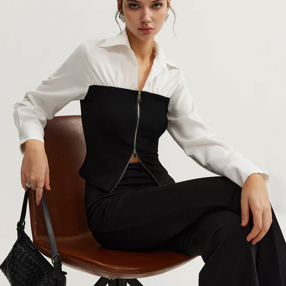 Çift Fermuarlı Renk Bloklu Polo Yaka Tişört