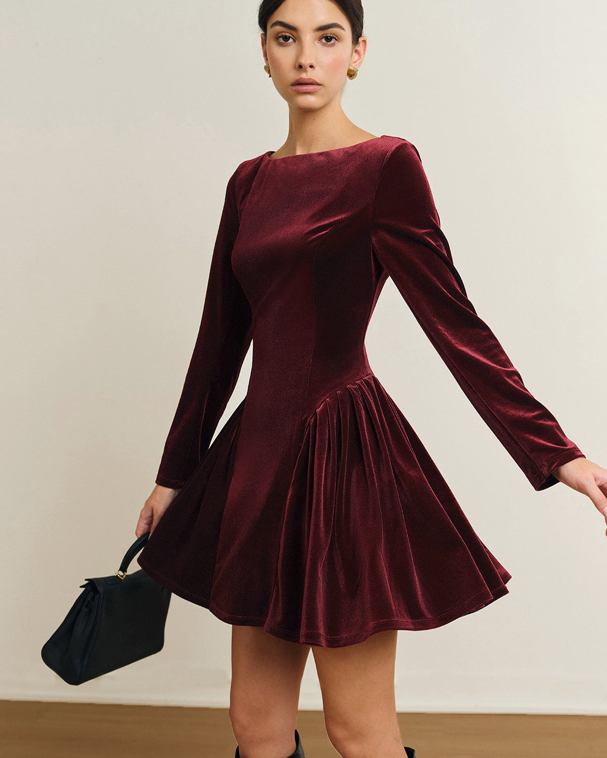 Pileli Panelli Kadife Elbise