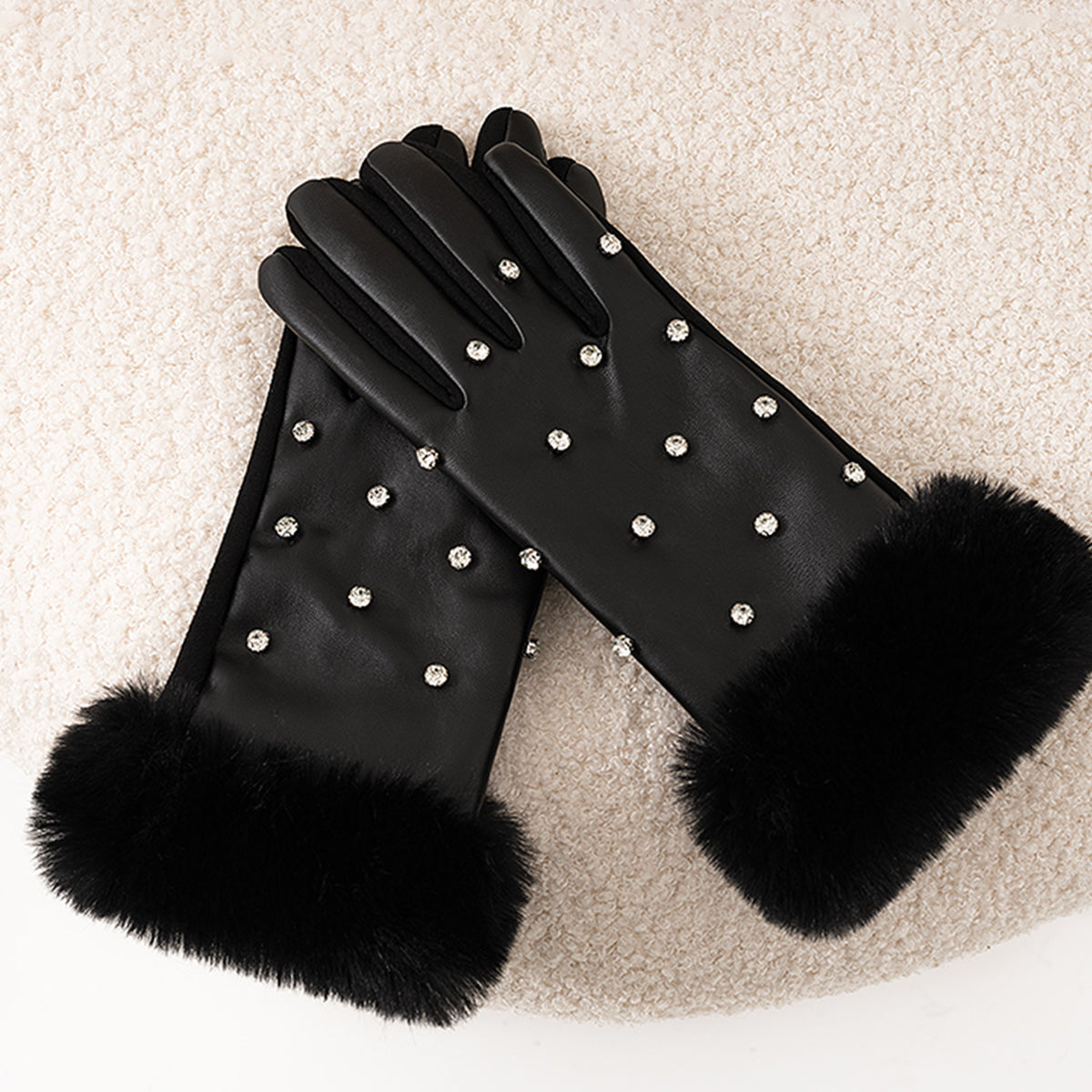 Taş Detaylı Peluş Manşetli Eldiven