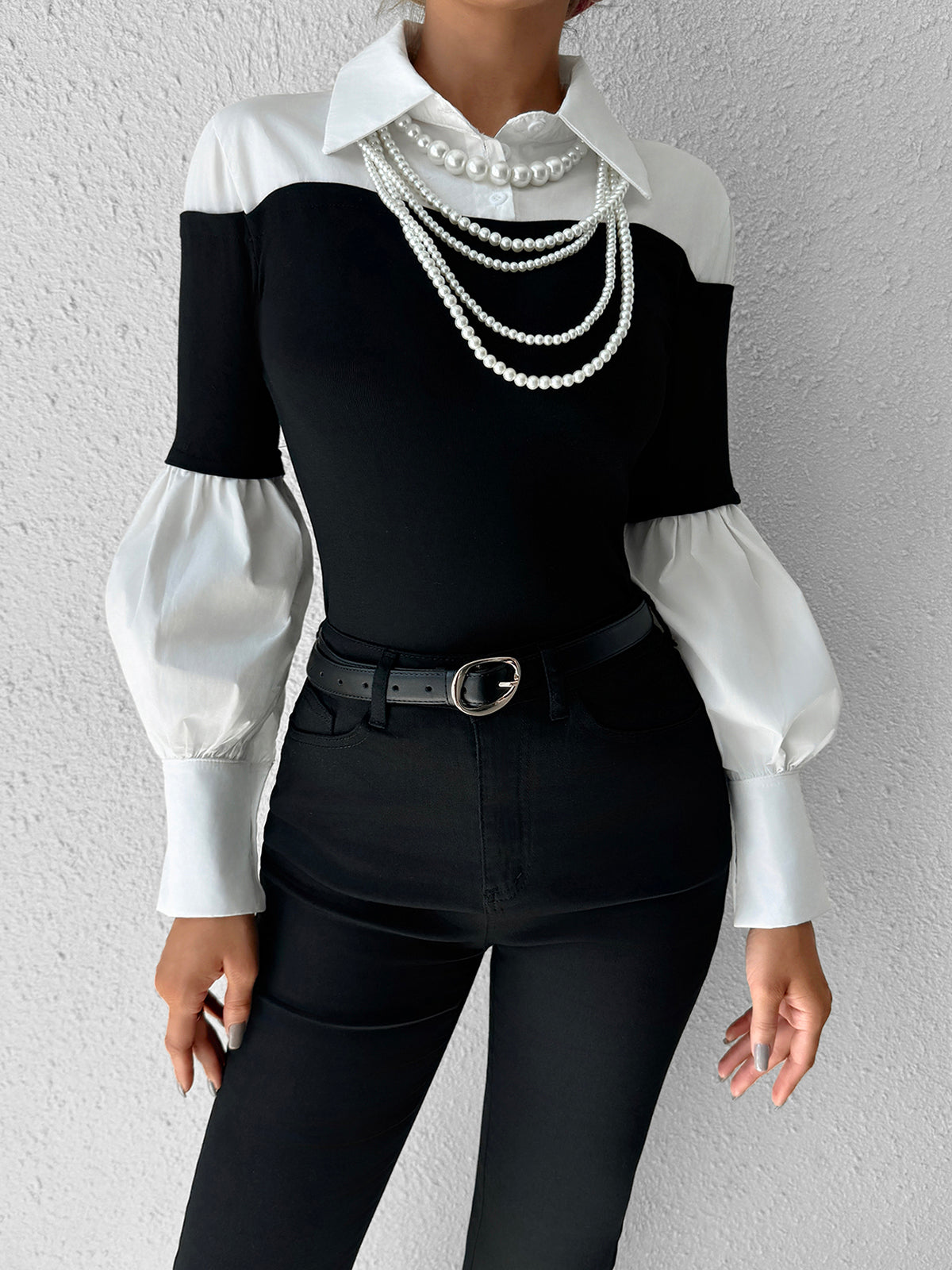 Renk Bloklu İnce Yaka Üst