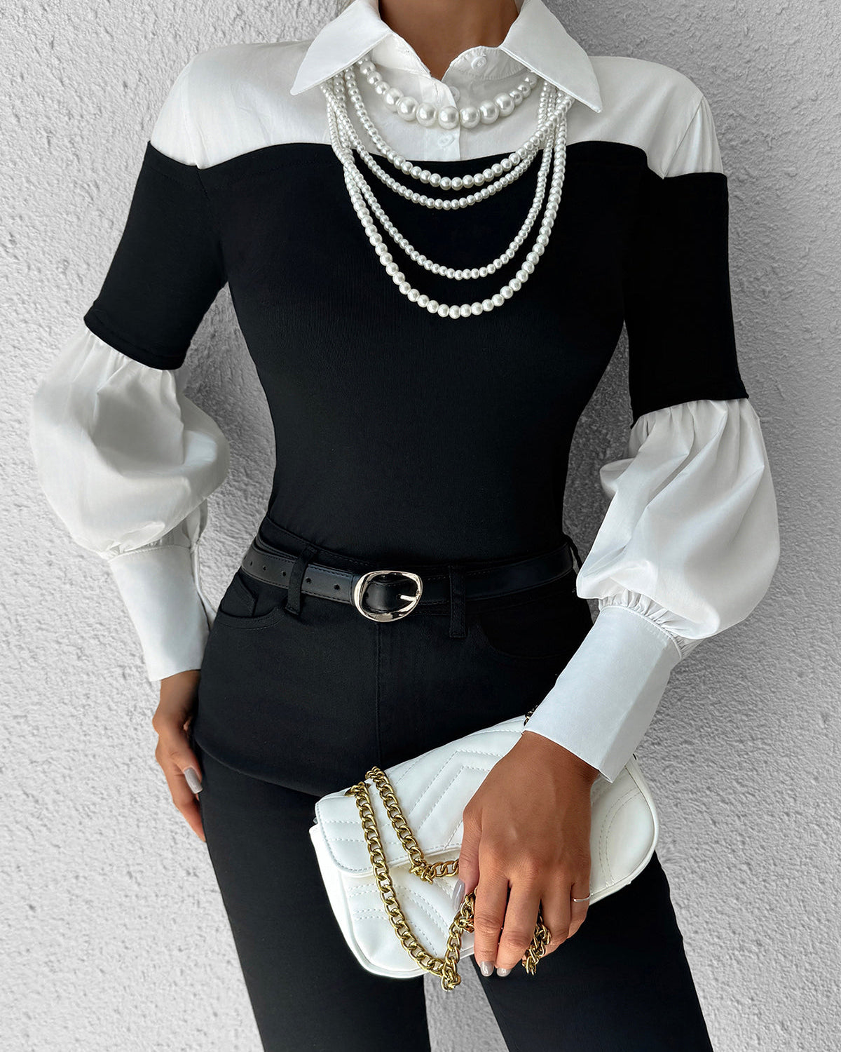 Renk Bloklu İnce Yaka Üst