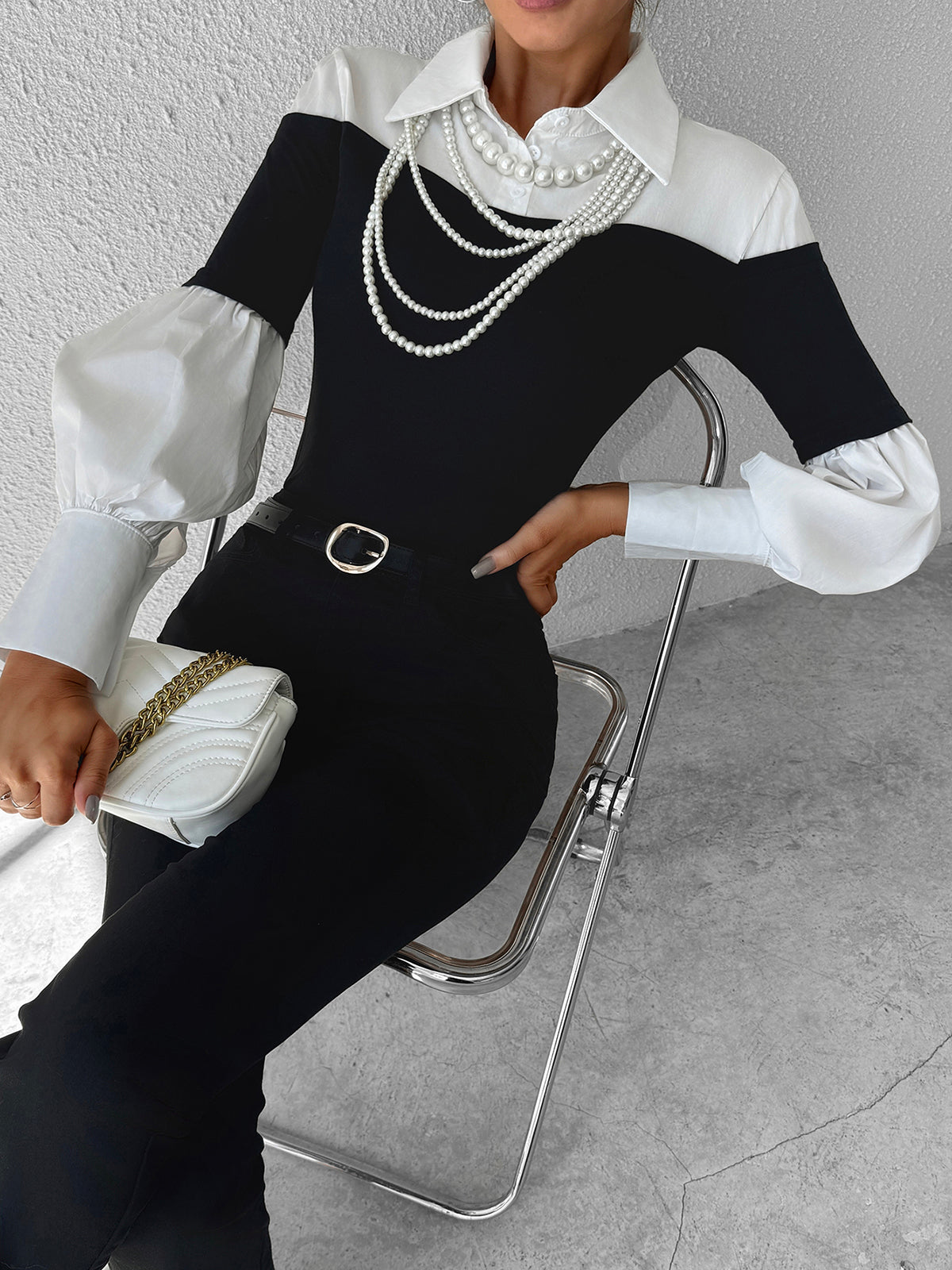 Renk Bloklu İnce Yaka Üst