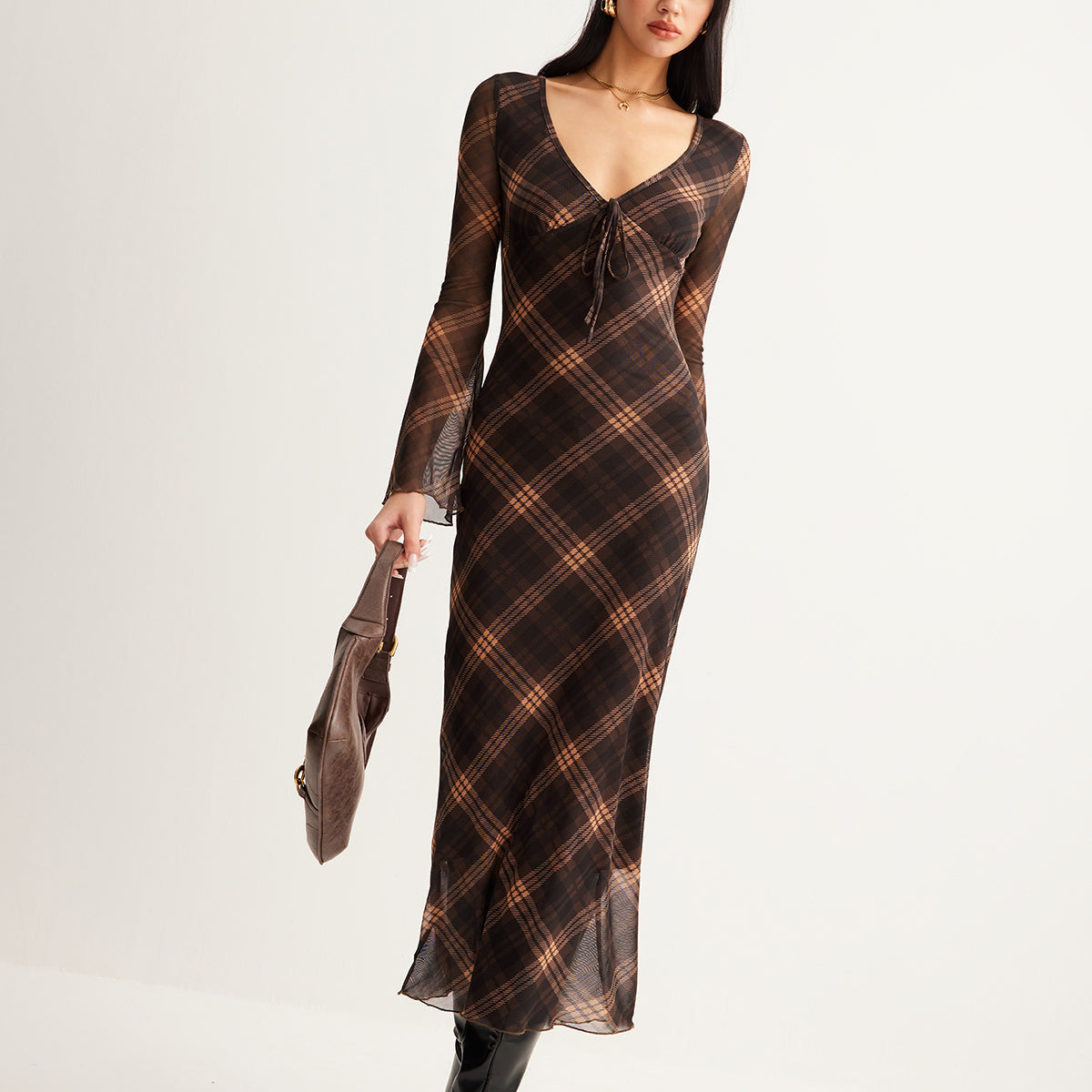 Şeffaf Detaylı Kare Desenli Volan Kol Elbise