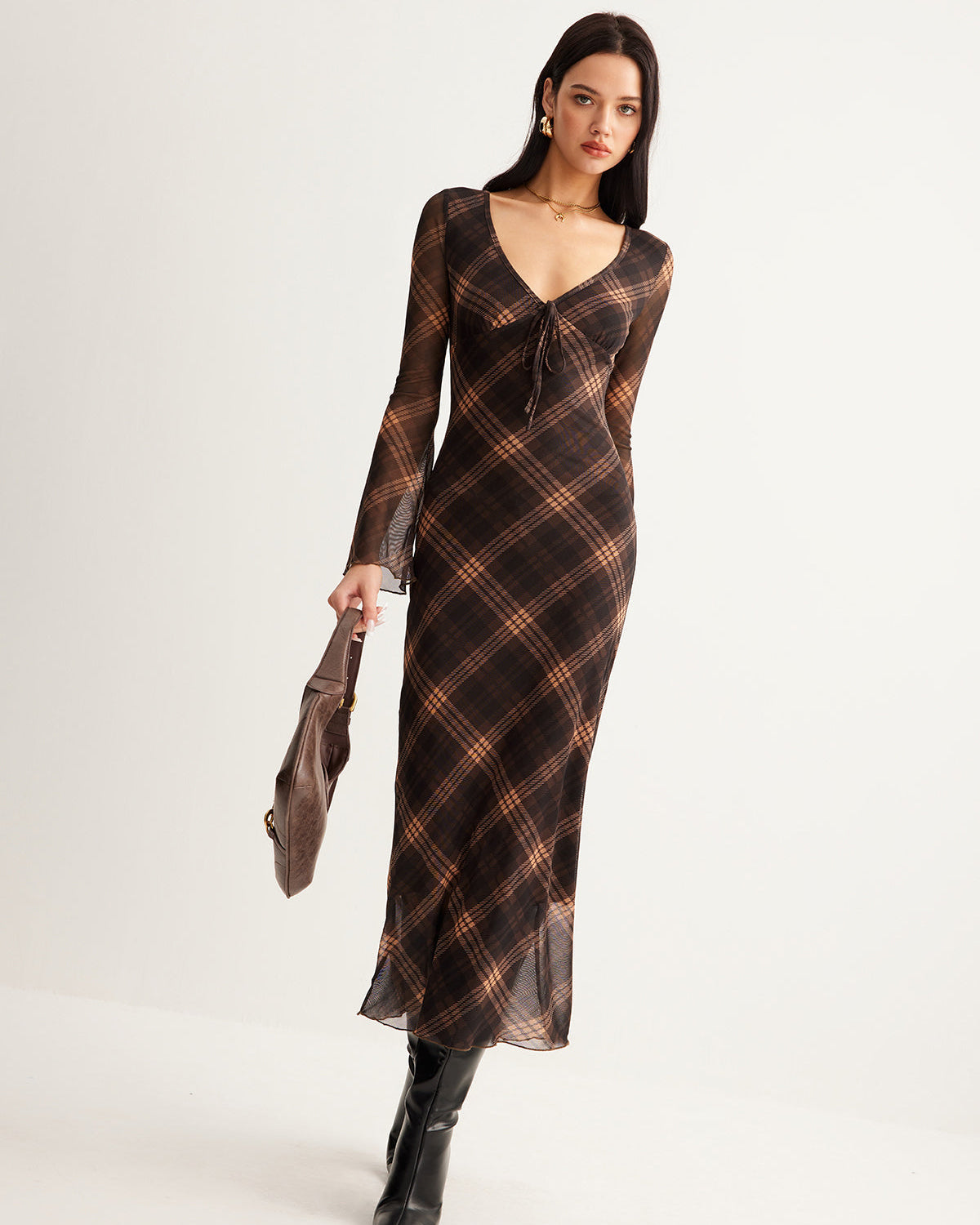 Şeffaf Detaylı Kare Desenli Volan Kol Elbise