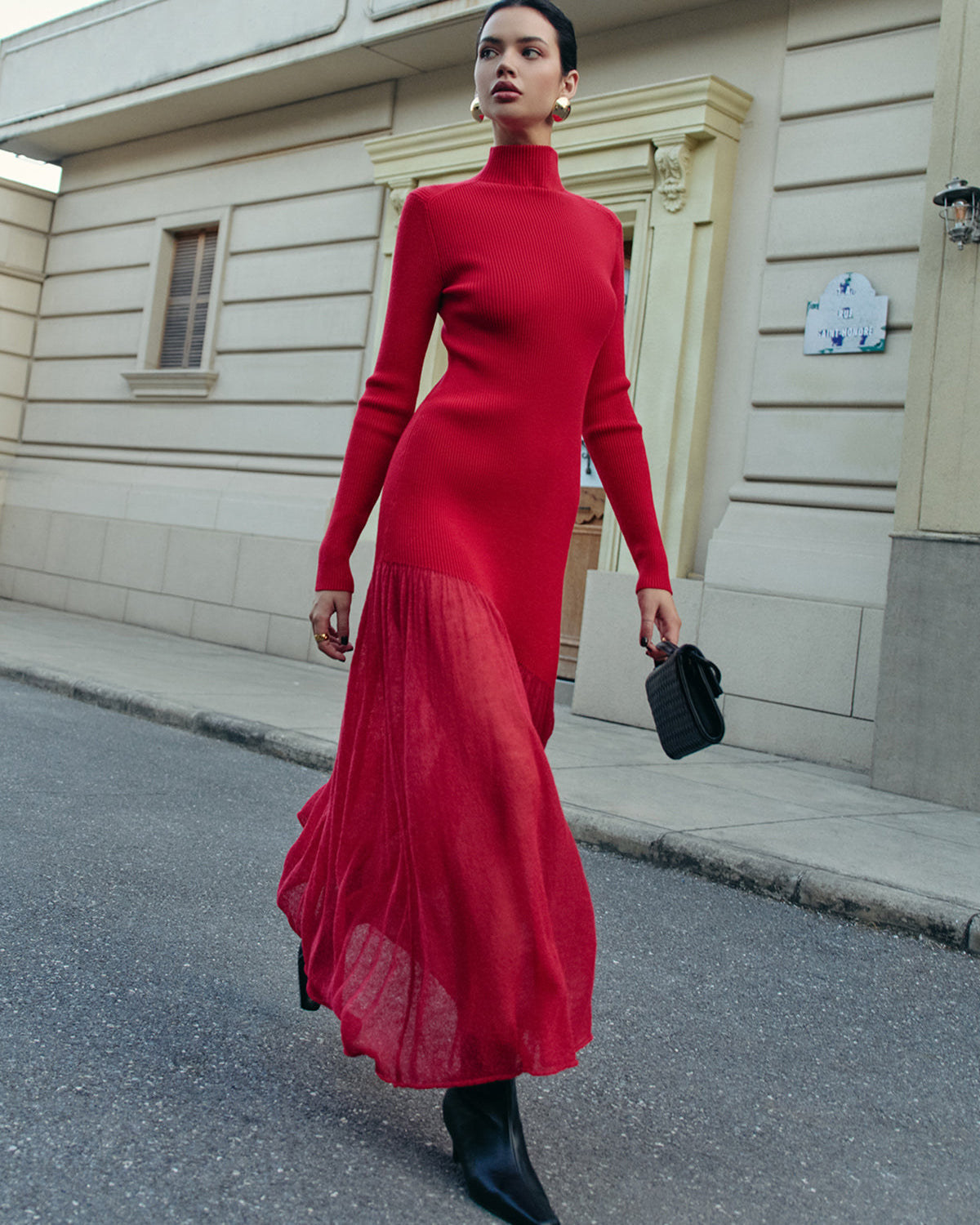 Yarım Balıkçı Yaka Pile Detaylı Triko Elbise