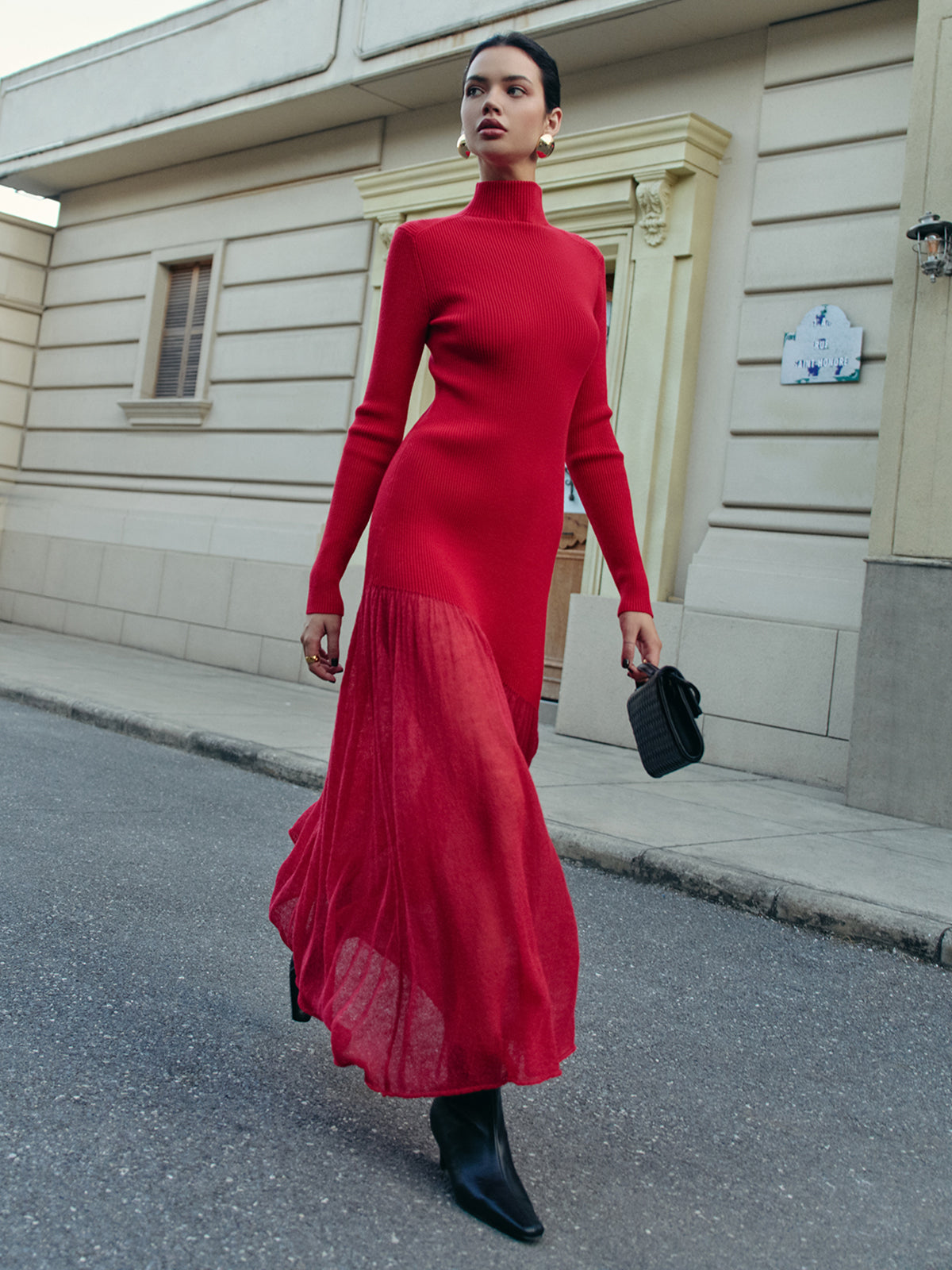 Yarım Balıkçı Yaka Pile Detaylı Triko Elbise